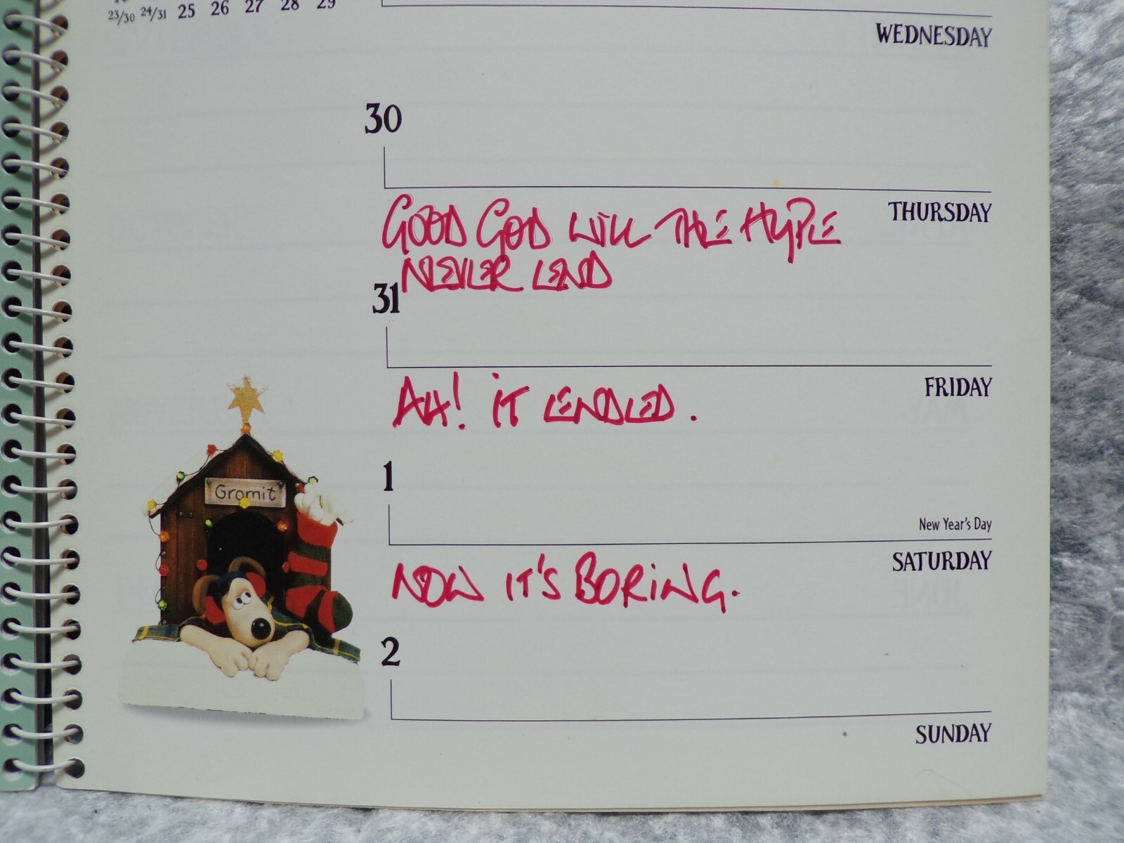 1999 WALLACE AND GROMIT CALENDAR APPOINTMENT BOOK WITH SPIRAL BINDING