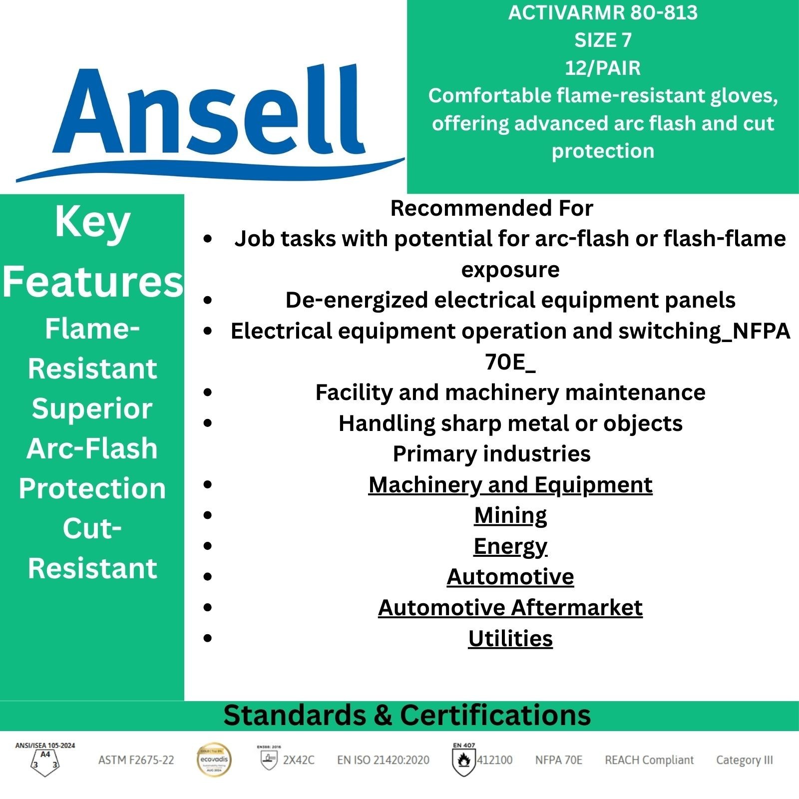 Ansell ActivArmr 80-813 Gloves Size 7 | Arc-Flash & Cut-Resistant | 1 Dozen 12PR