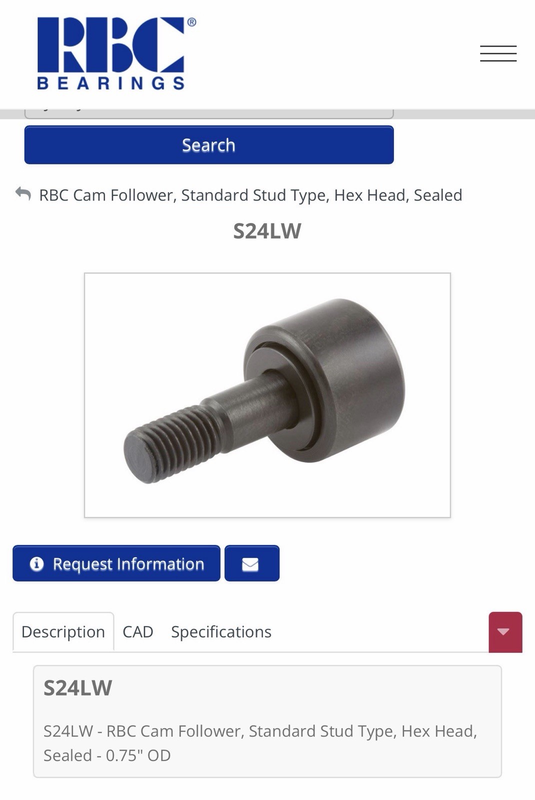 RBC Bearings S-24-LW Cam Follower S24LW New In Box