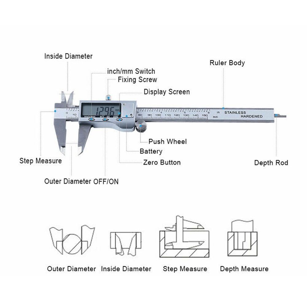 150mm Stainless Steel Caliper Vernier Micrometer Electronic Measuring Tool Ruler