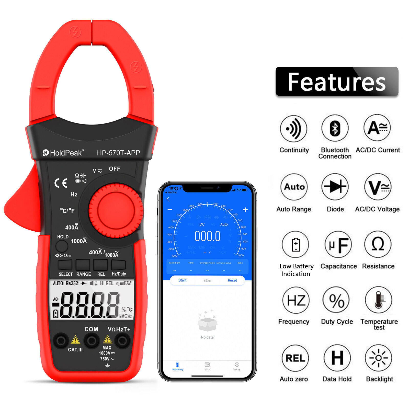 Digital Clamp Meter Multimeter AC DC Current 4000 Counts Volt Amp Ohm Tester APP