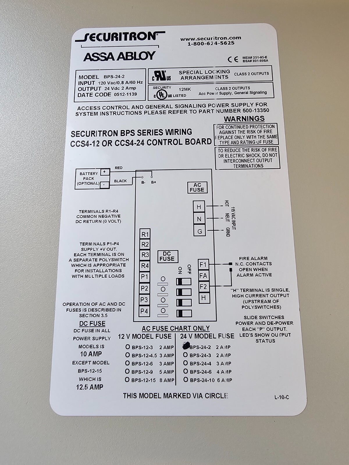 Securitron ASSA ABLOY BPS 24 2 Power Supply 12 24V VDC 2 Amp 2A Fire Alarm Box