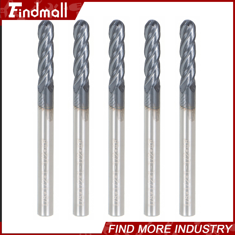 5 PCS 1/8″ 4 Flute 1-1/2″ Overall Length Ball Nose Carbide End Mill