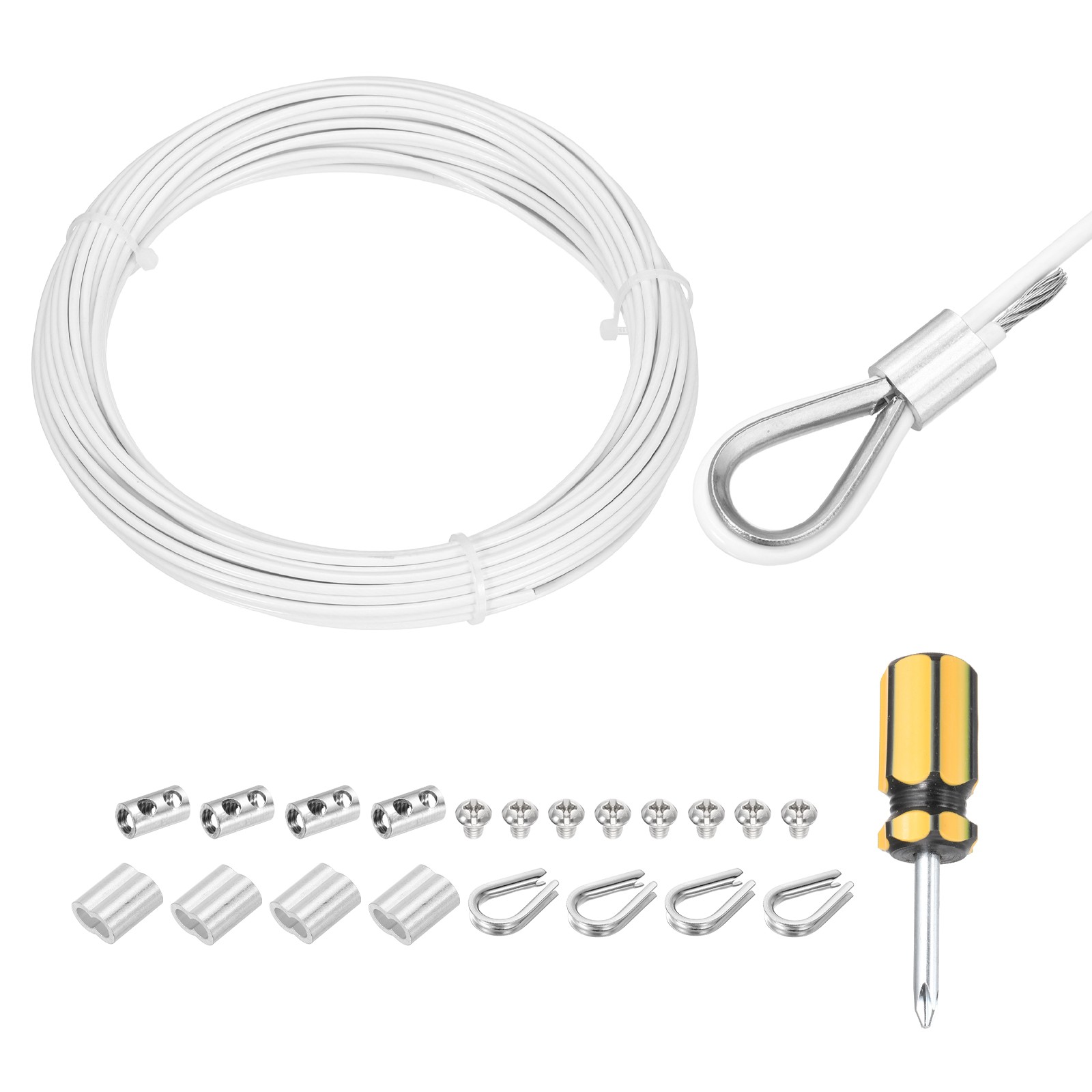 33Ft(10M) Wire Rope Stainless Steel Cable 1/12″ Clamp, Sleeves & Thimble White
