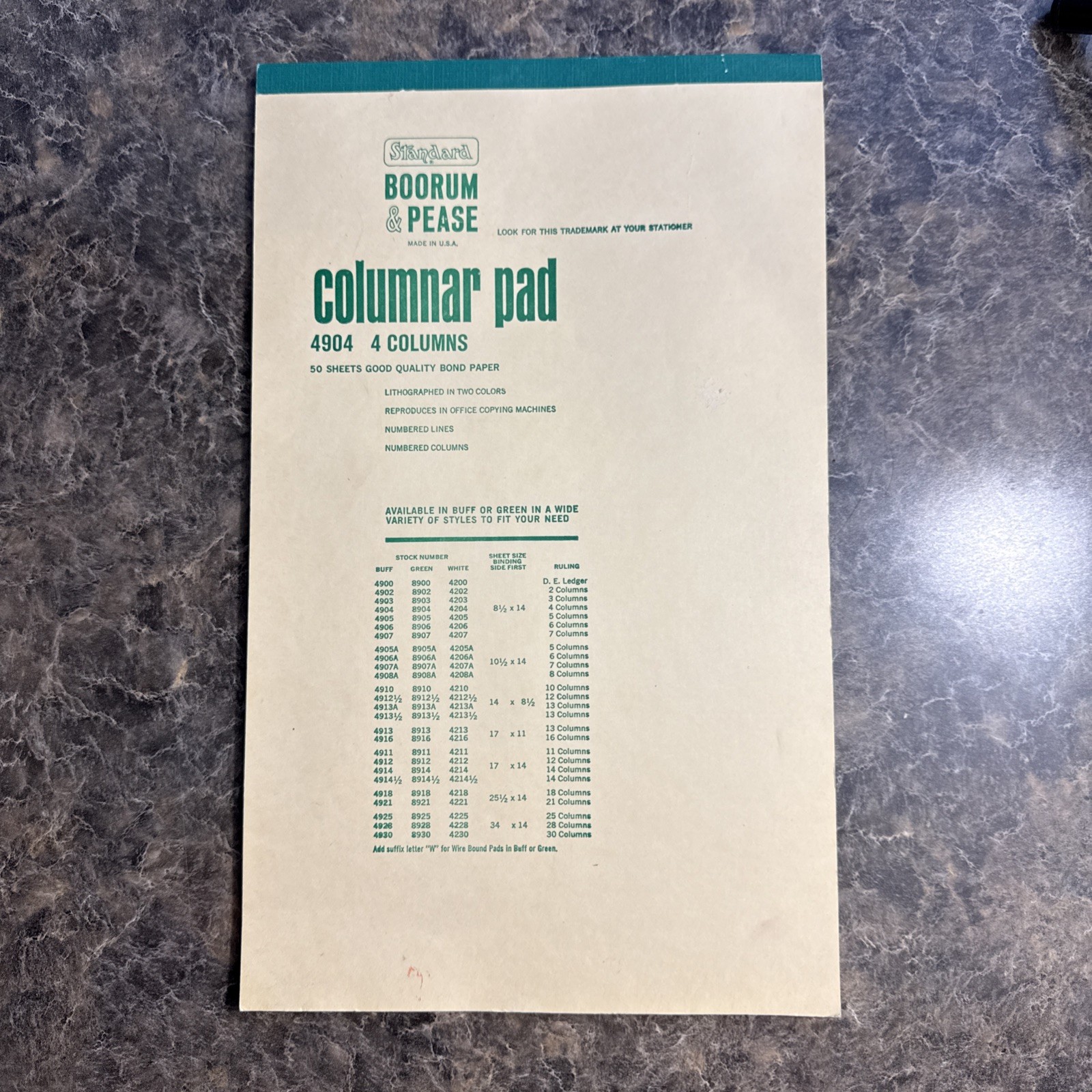 Boorum & Pease columnar pad 4 Columns With 50 Sheets 4904 VINTAGE