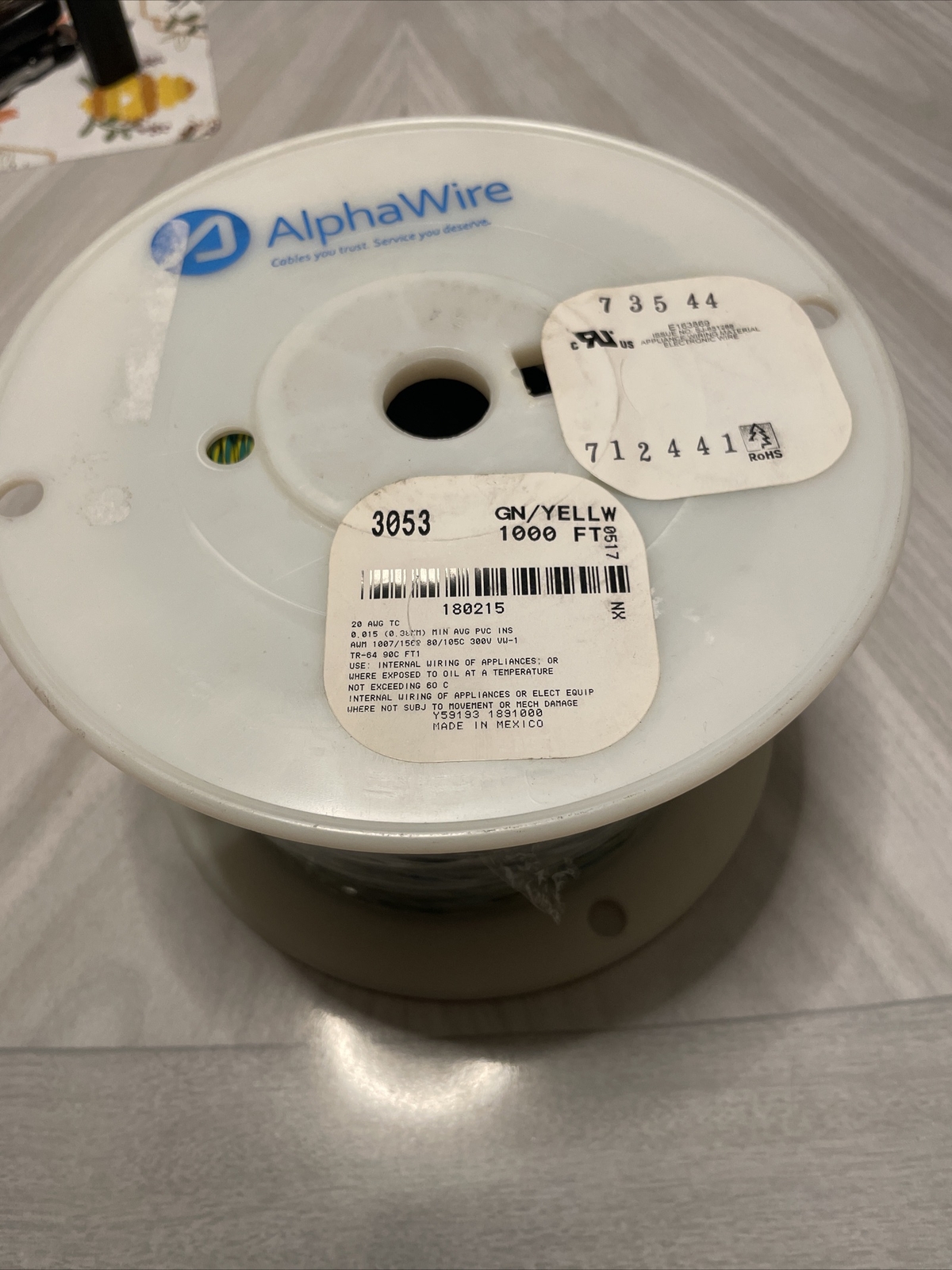 Alpha Wire 3053 Green/Yellow 20 AWG TC 80/105C 300V **1,000’ Roll**