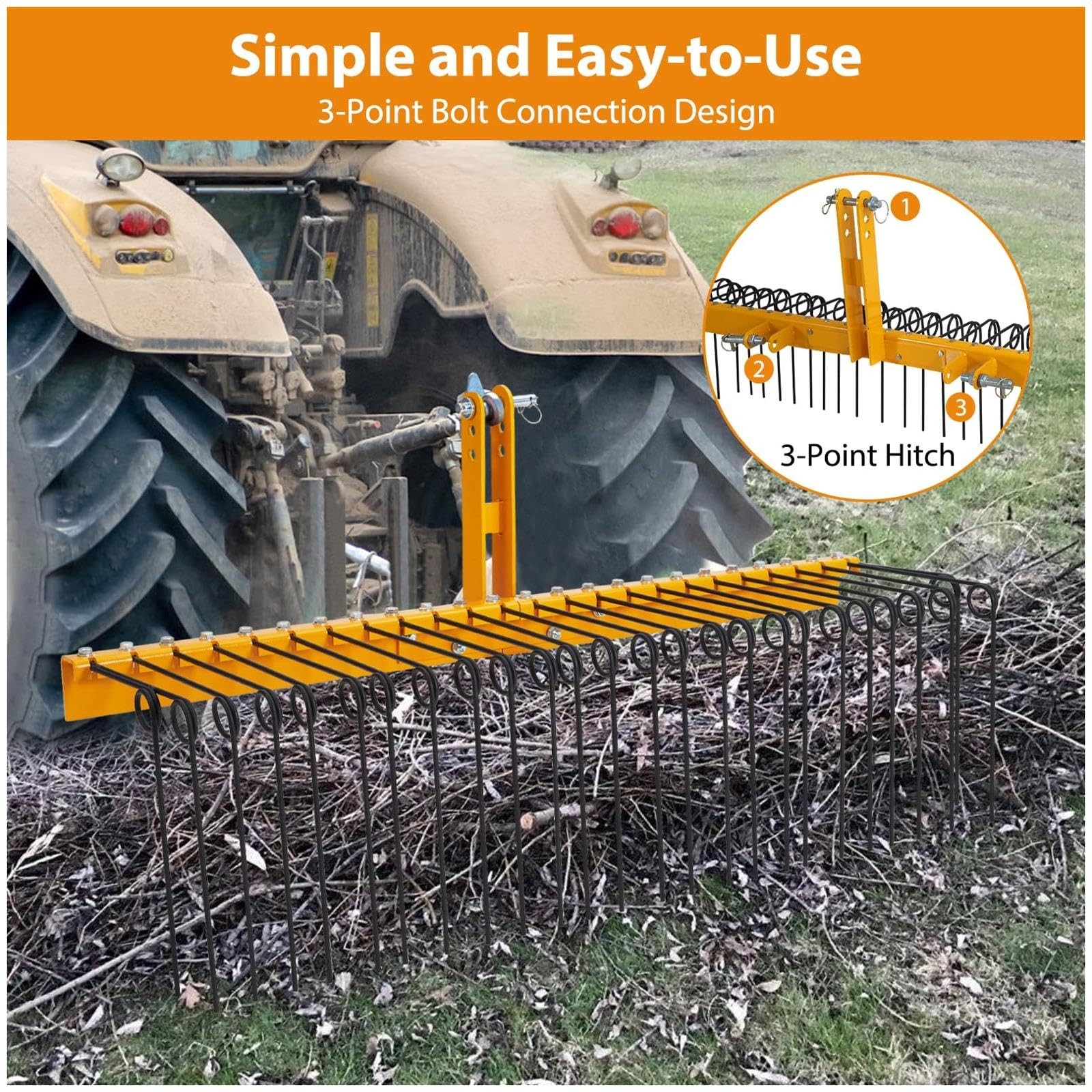 GARVEE 60 in Pine Straw Rake 3 Point Hitch Tractor Landscape Rake to Cat 0 Cat 1