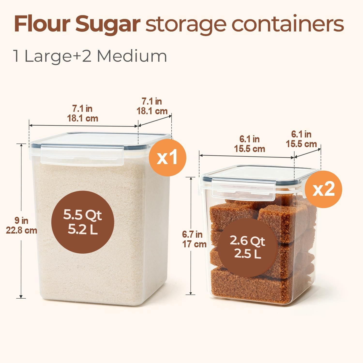 ComSaf Storage Containers Set of 3 Square 5.2L + 2.5L x 2 Airtight Food