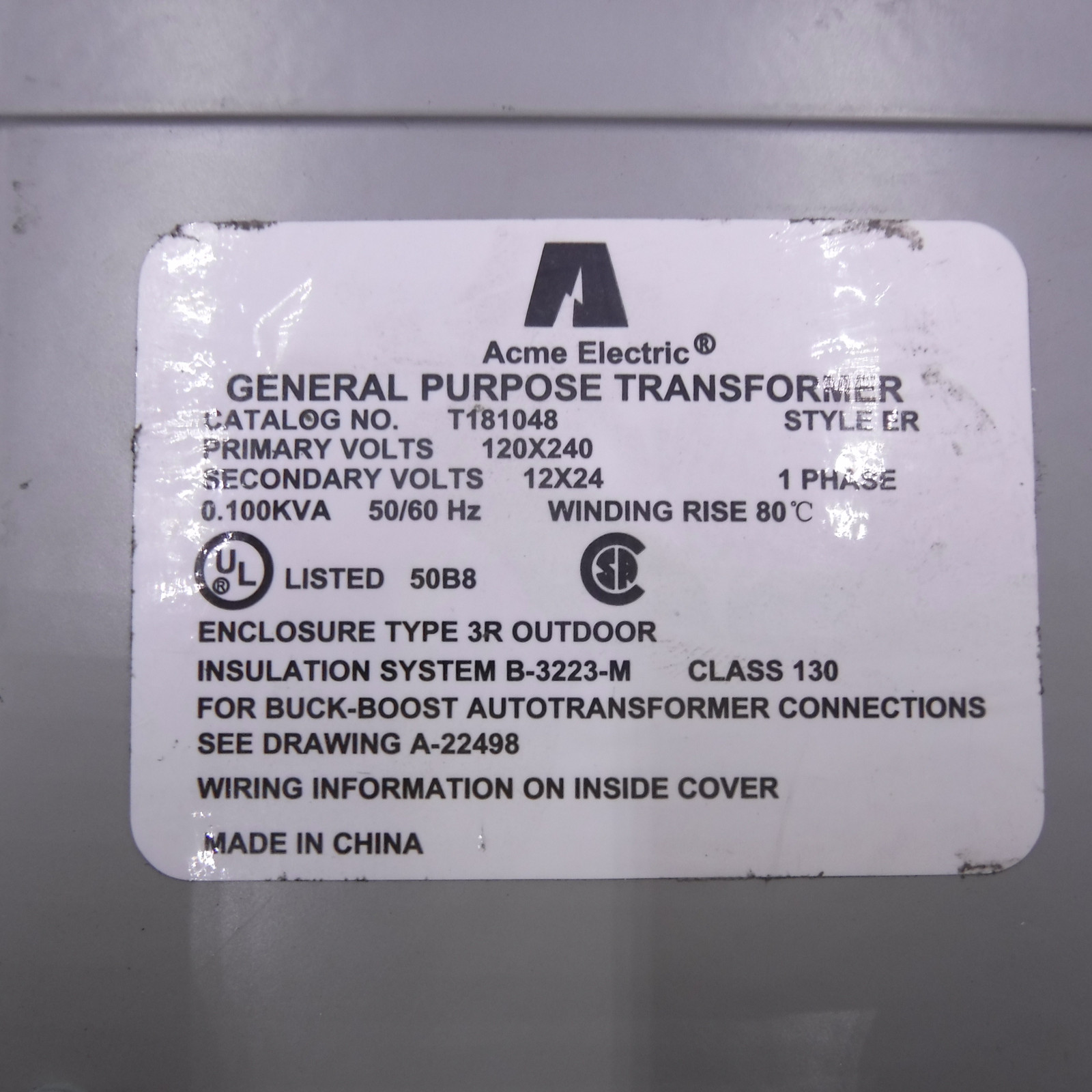 Acme Electric Buck Boost 1-Phase Transformer 120VAC/240VAC Nema 3R 60 Hz