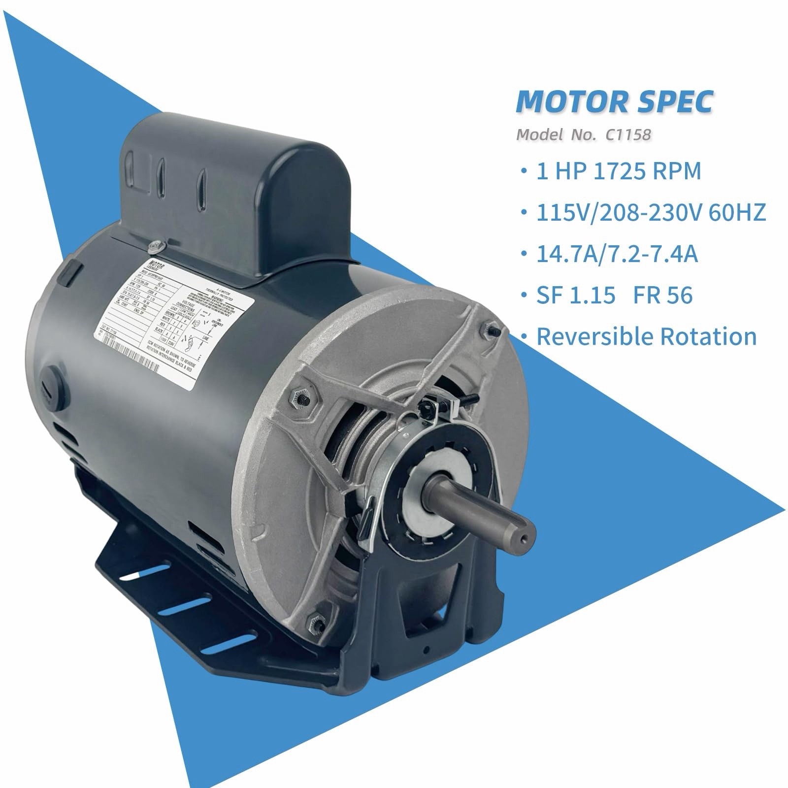 C1158 Fan & Blower Motor Replace Marathon C1158, 1 HP, 1725RPM, 115/208-230V