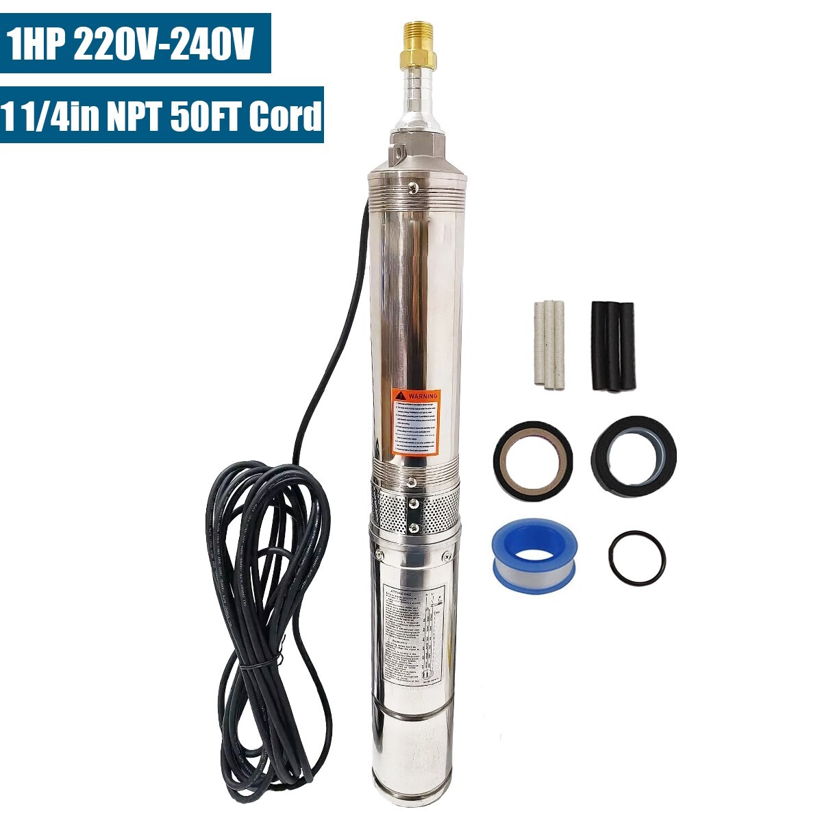 1HP 4″ Deep Well Submersible Pump 220V 33GPM 257FT Max 50FT Cord Stainless Steel