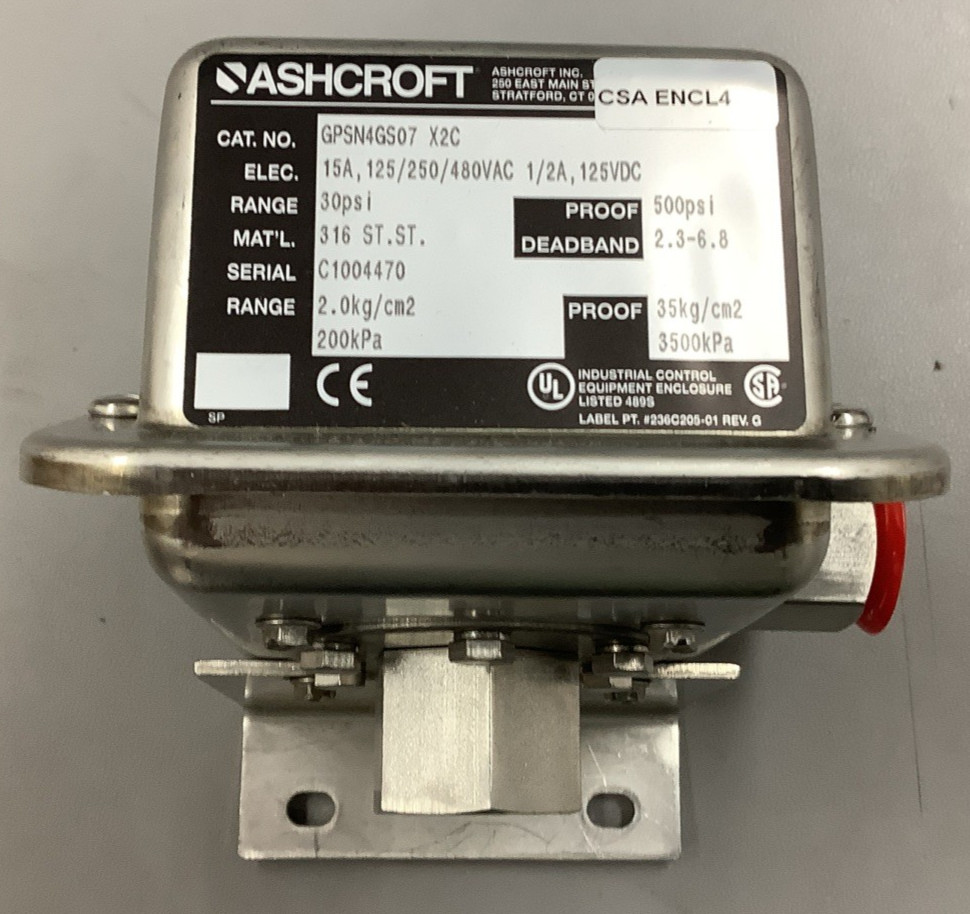 Ashcroft GPSN4GS07X2C 30PSI 316SS 15A Pressure Switch NEMA 4 (R46)