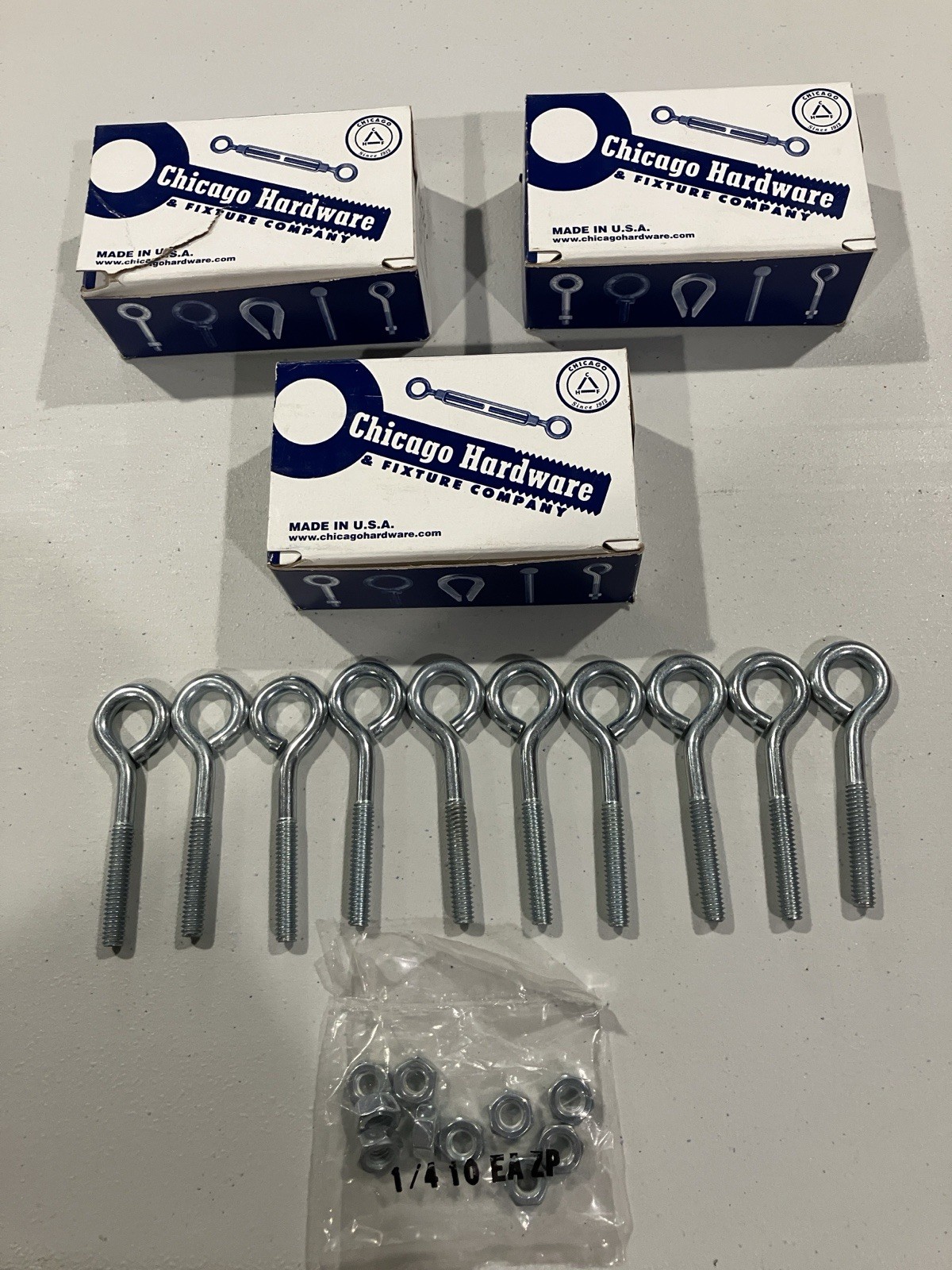 CHICAGO HARDWARE 3 BOXES 10 PCS PER BOX TURNED EYEBOLTS 1/4”-20×2” OVERALL 3”LTH