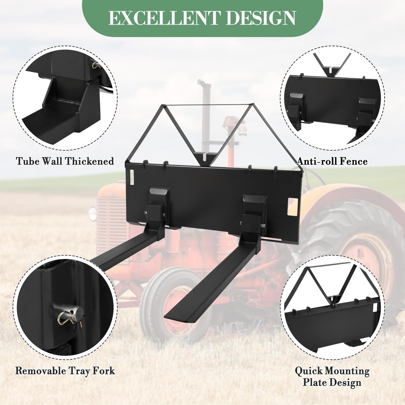 46″ Heavy-Duty Tractor Pallet Forks, Quick Attach Bucket Fork Skid Steer Loader
