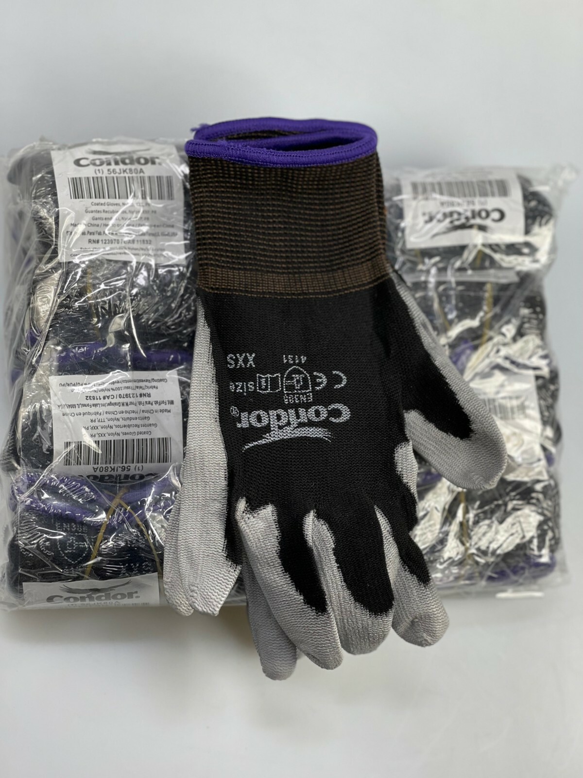 12 PAIRS CONDOR COATED BLACK/GREY WORK GLOVE 100% NYLON SHELL PU PALM (XXS-3XL)