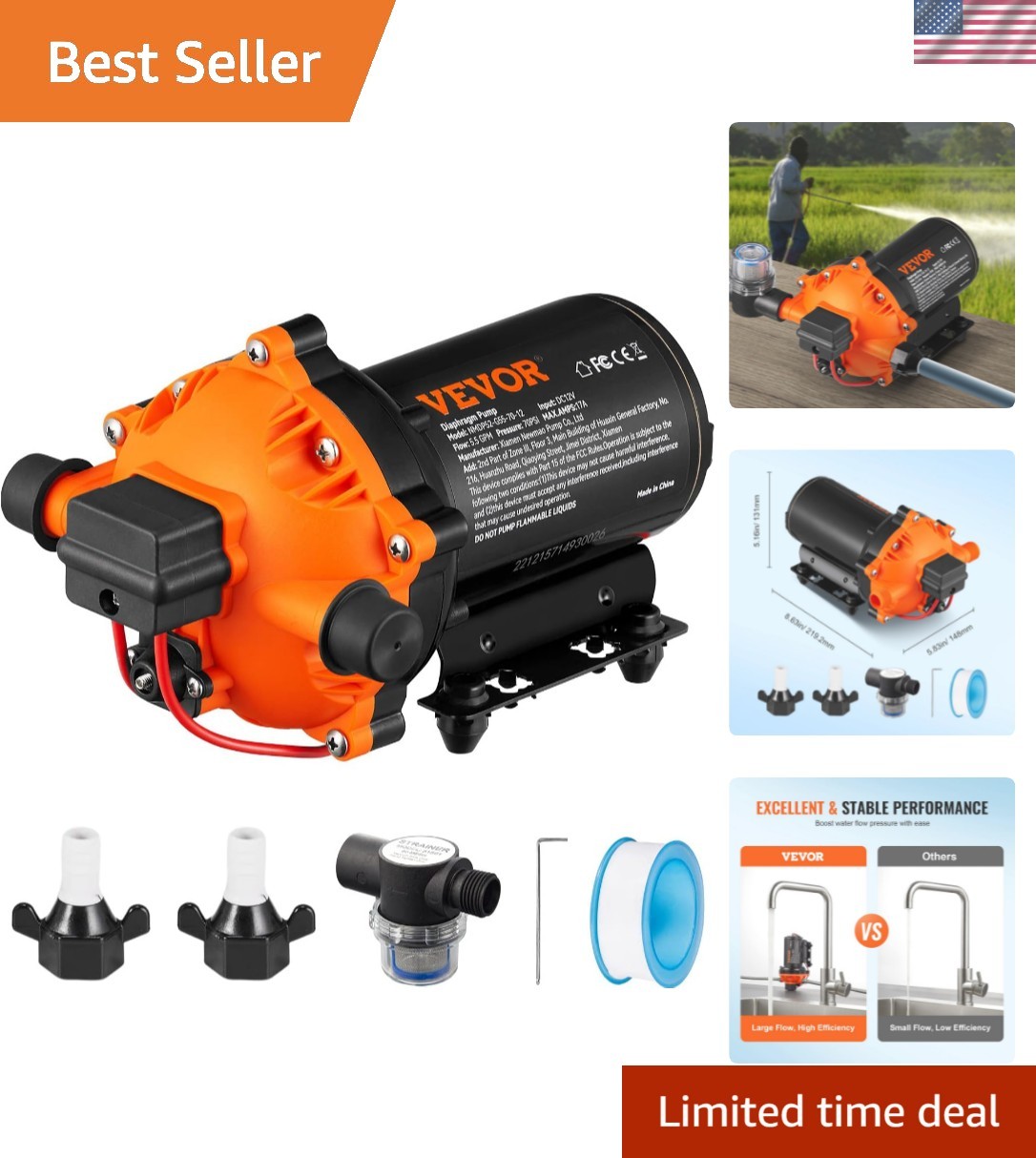 Water Diaphragm Pump, 12V DC, 5.5 GPM Flow, 70 PSI Rated Pressure 40-100 PSI …