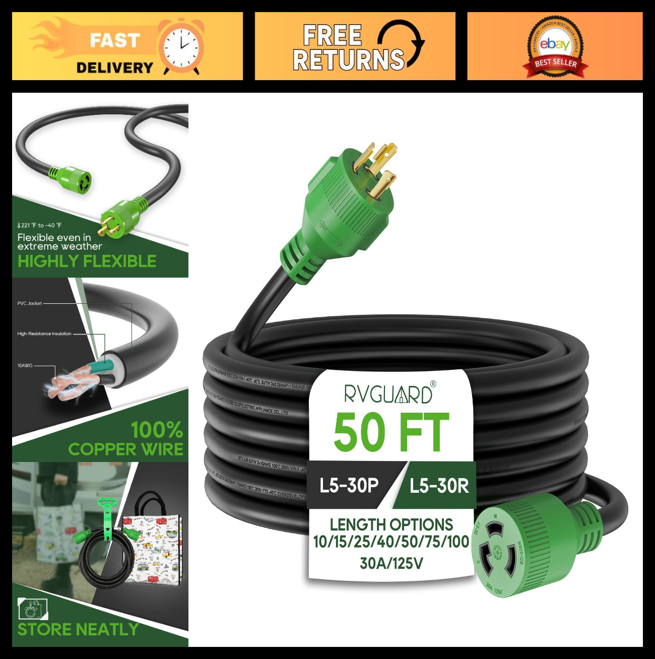 30 Amp 50ft Generator Extension Cord, NEMA L5-30P, 125V, 10 Gauge, ETL Listed