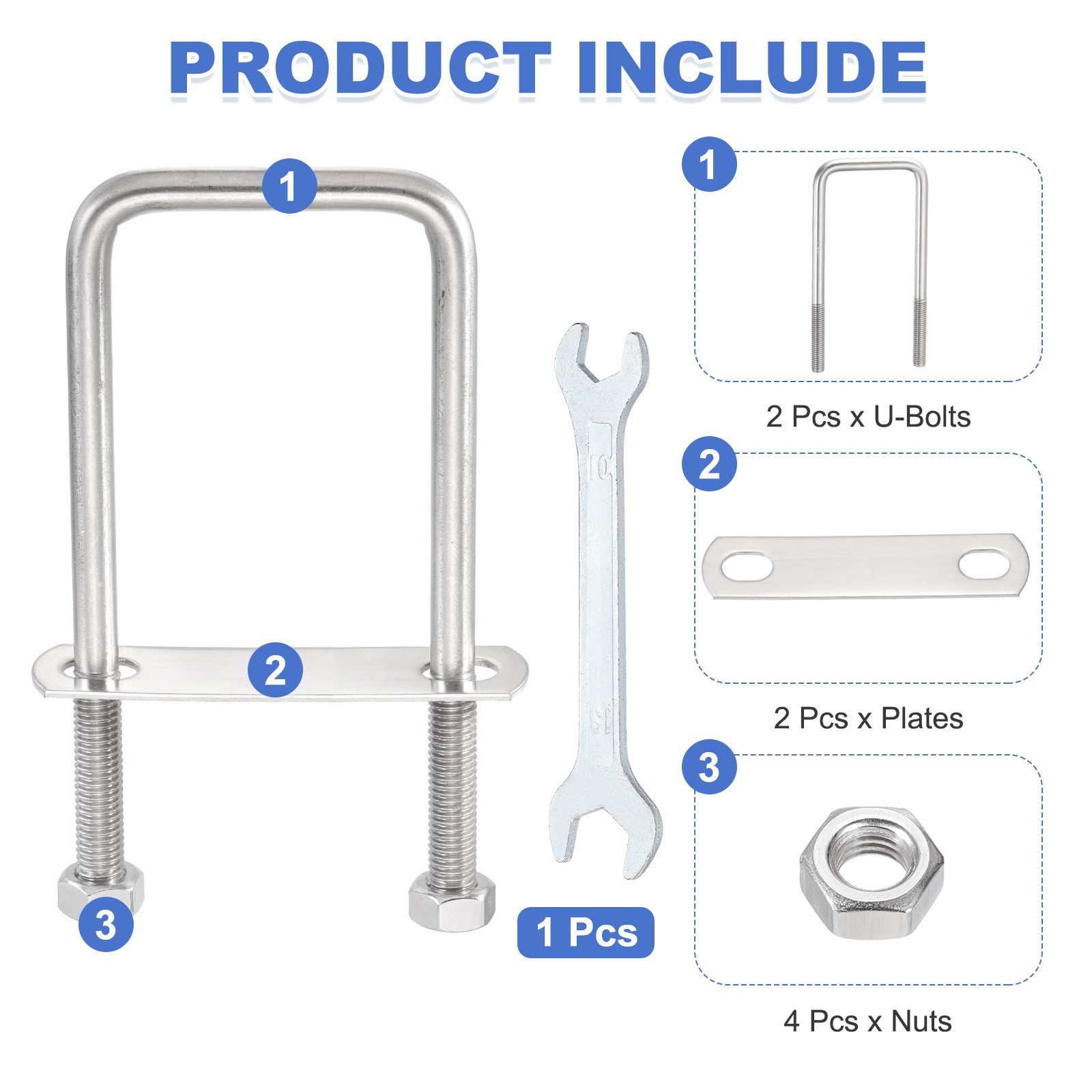 2 Sets M10 Square U-Bolts, 2.05″ Inner W 5.91″ l with Nuts, Plates and Wrench