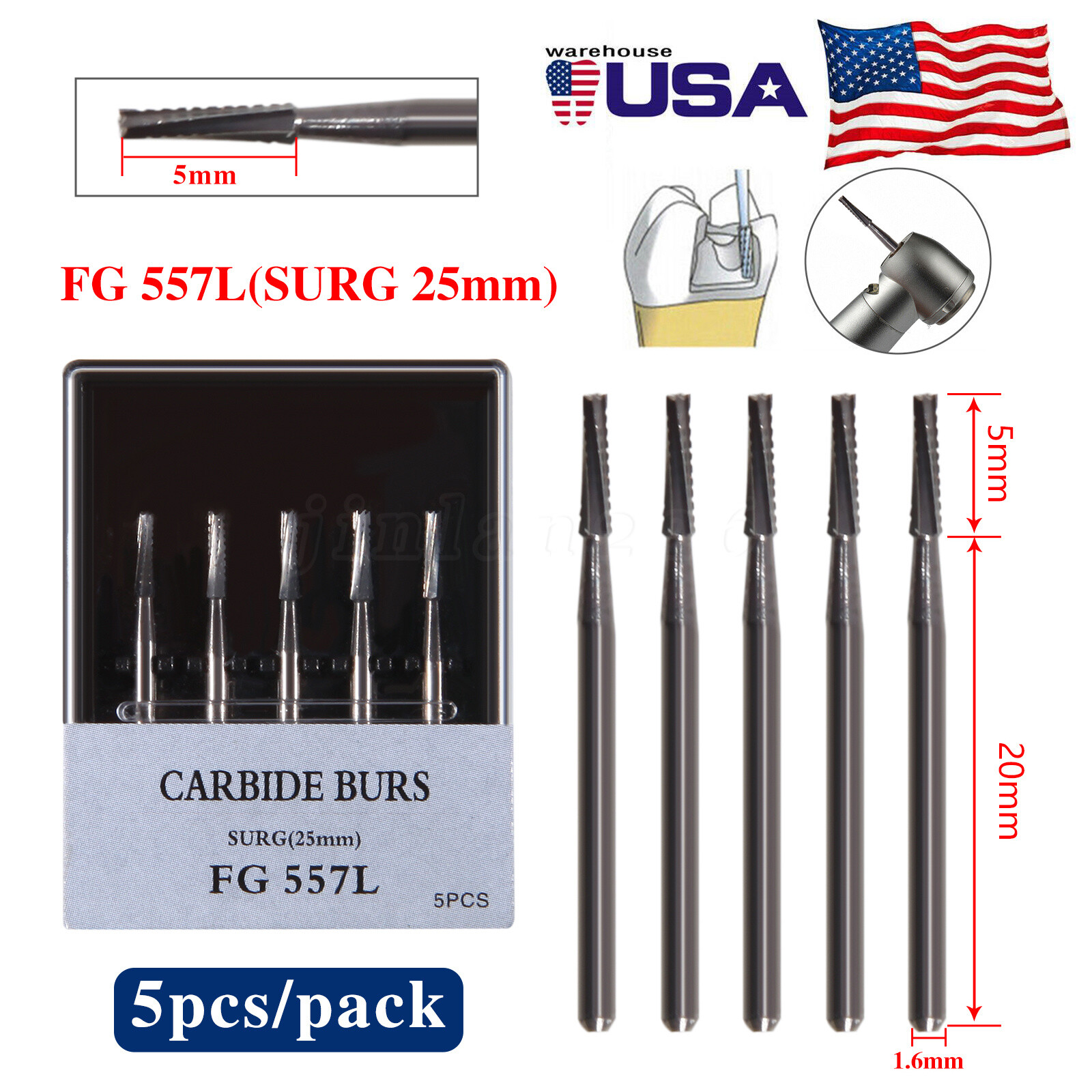 5pcs Dental Surgical Burs Long Shank 557L Carbide 25mm For High Speed Handpiece