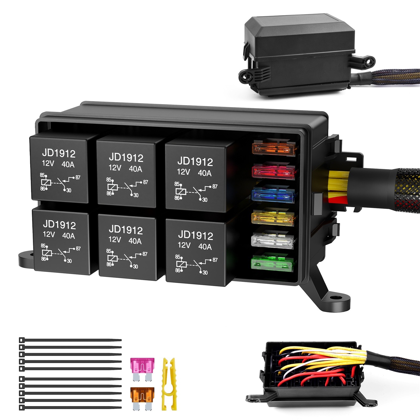 12V Automotive Relay Box, 6 Way Relay Fuse Box 12 AWG Pre-Wired Fuse Circuit Box