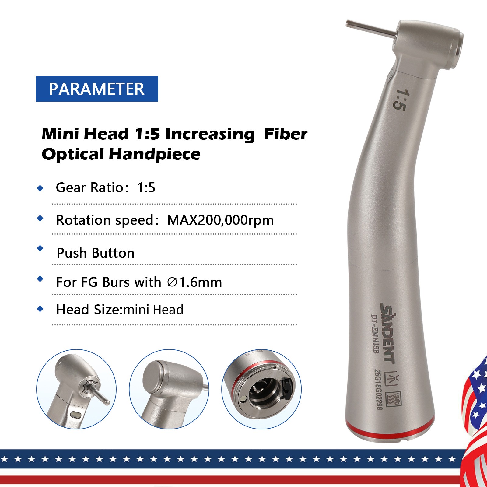 Dental 1:5 Contra Angle FG1.6mm LED Fiber Optic Handpiece MINI HEAD Inner