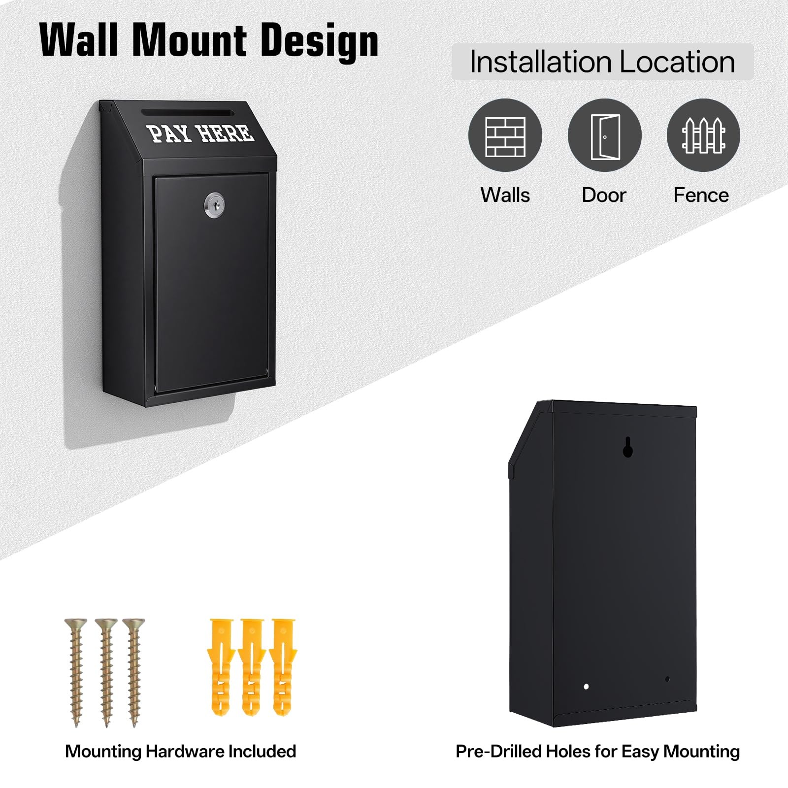 Locking Cash Box with Slot, Metal Money Donation Box with Lock and 4 Keys Wall M