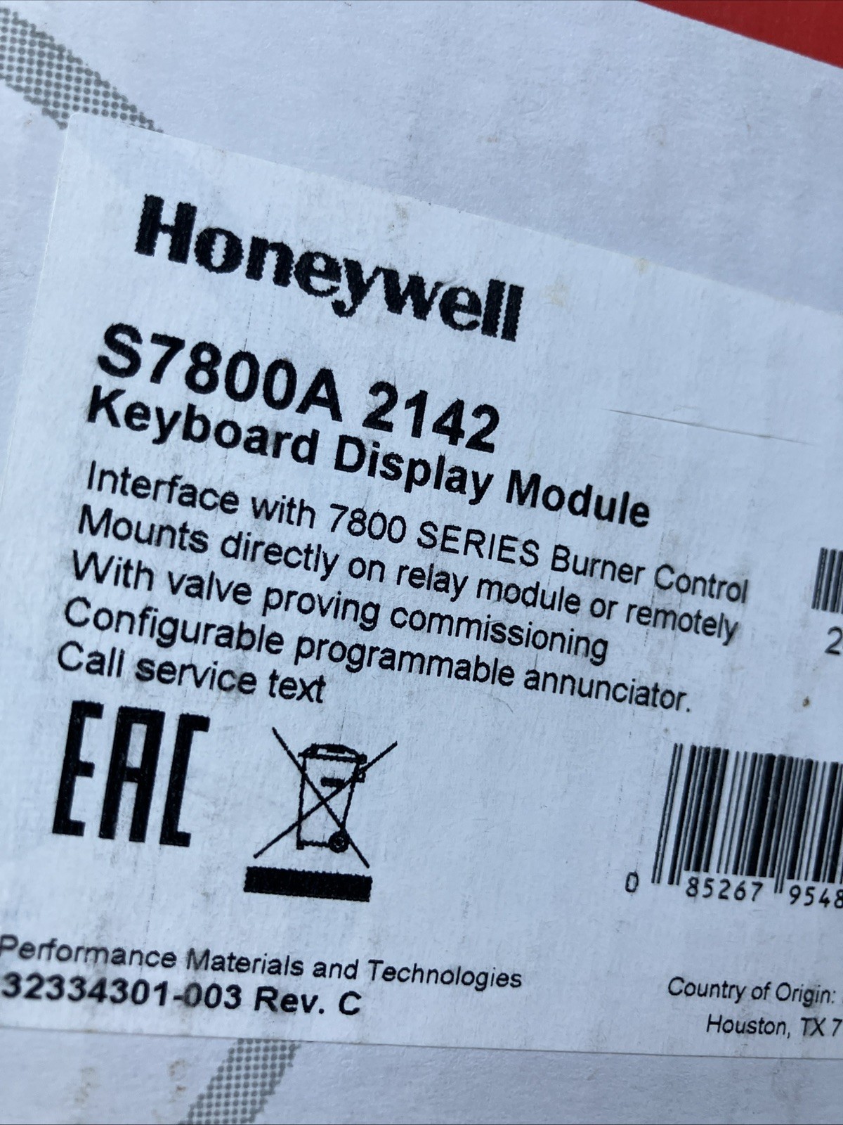 Honeywell S7800A2142 4-Line 7800 Series Keyboard Display Module