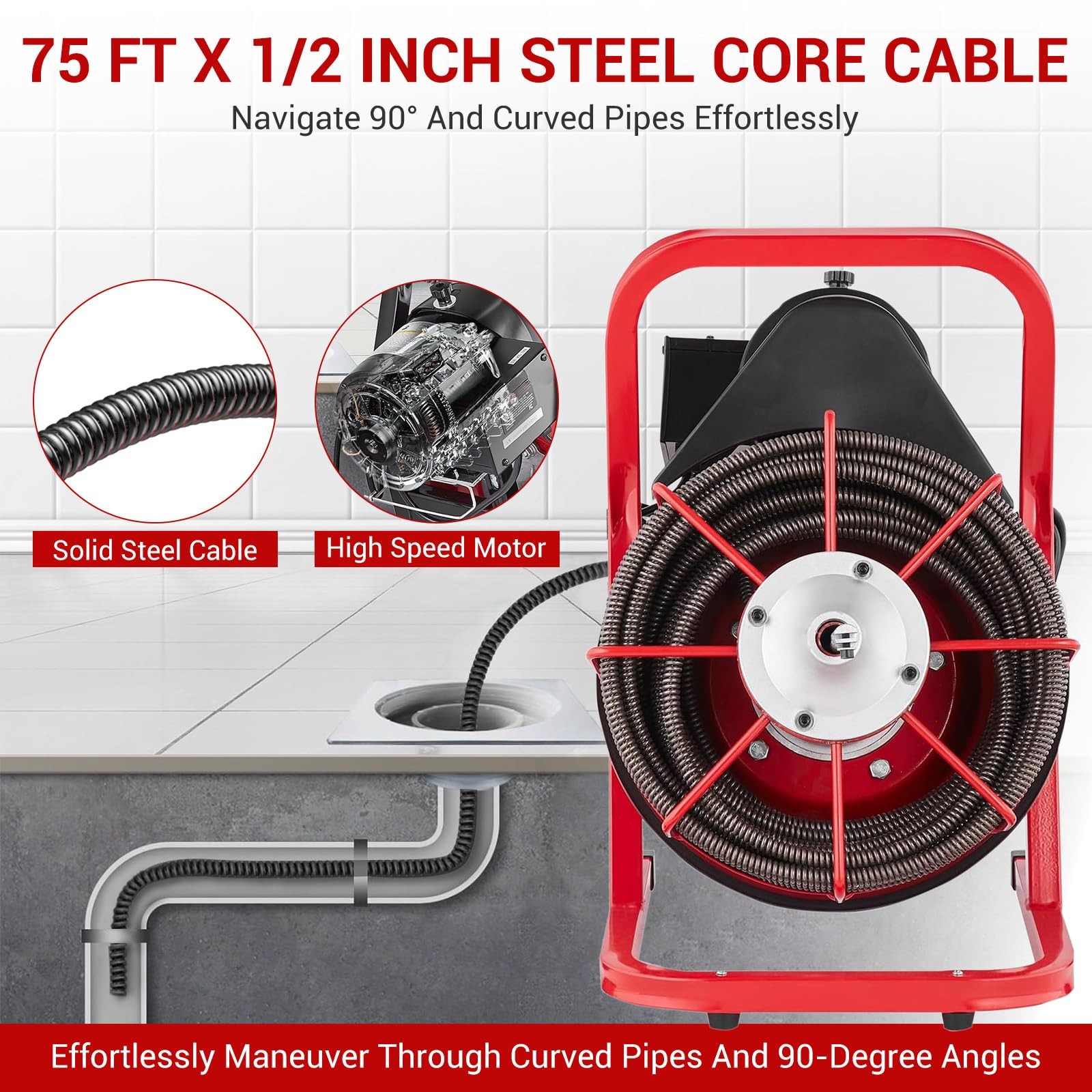 75 ft x 1/2 in Drain Cleaner Machine, 400W Drain Snake with 6 Cutters & Foot …