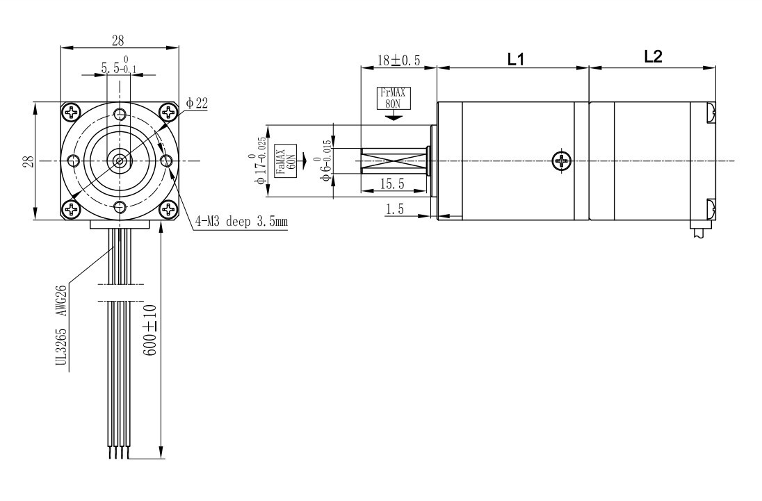 PL28 Planetary Gearbox NEMA 11 Stepper Motor 0.6A Ratio 3~100:1
