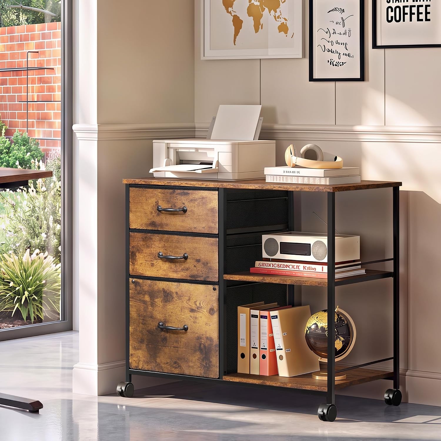 3 Drawer Mobile File Cabinet with Open Storage Shelf | Rolling Printer Stand, Fa