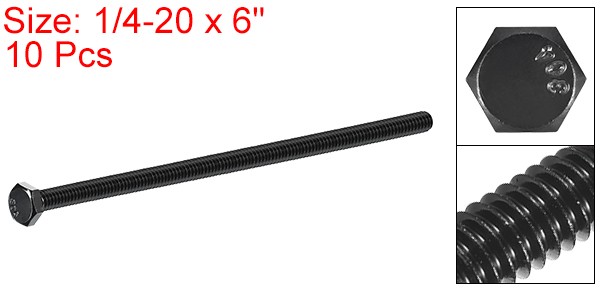 10Pcs 1/4-20 x 6″ Hex Head Bolts, 304 Stainless Steel Hex Head Screw, Black
