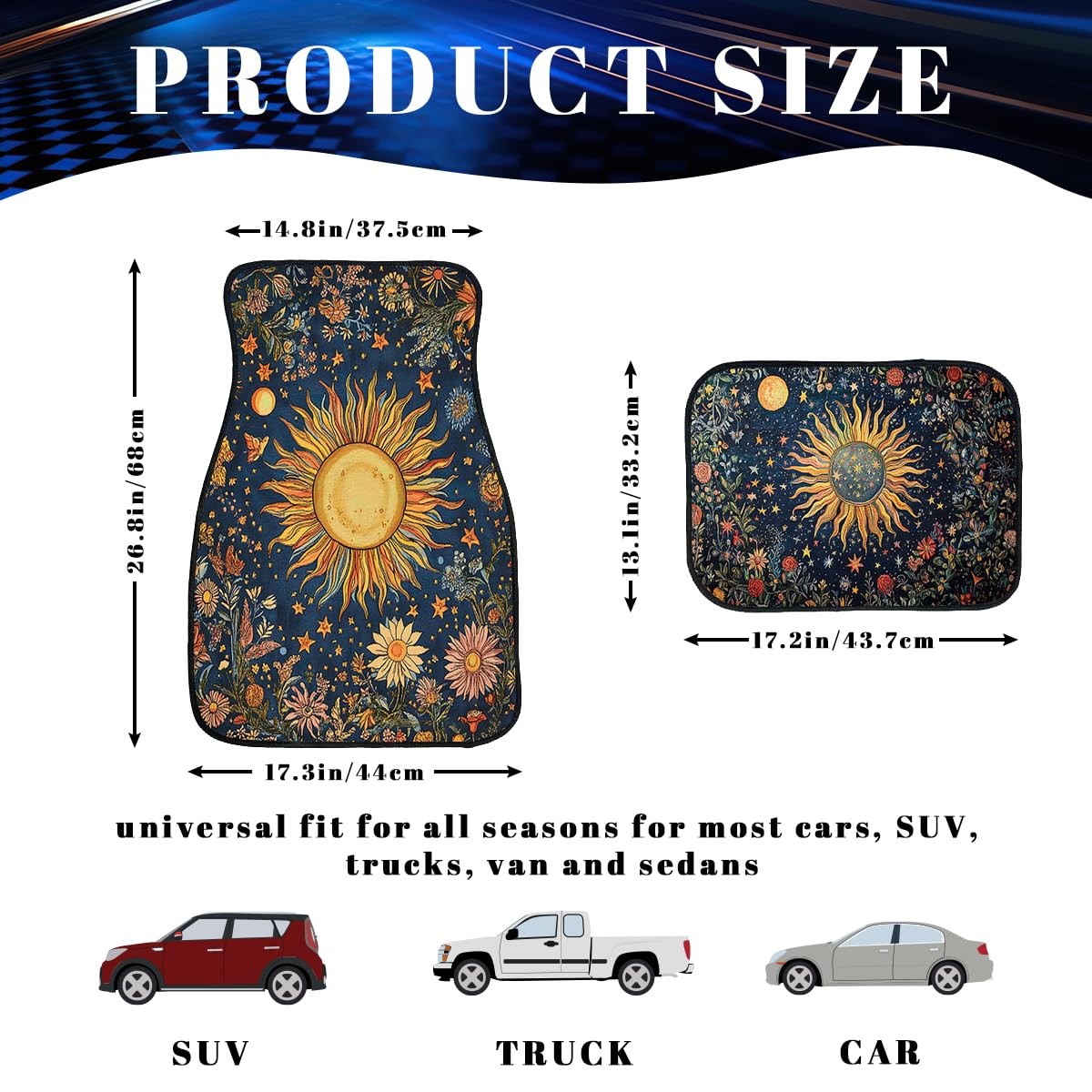 Chhssb Abstract Car Floor Mats Set Of 4 Vintage Sun Moon Star Floral Vibrant