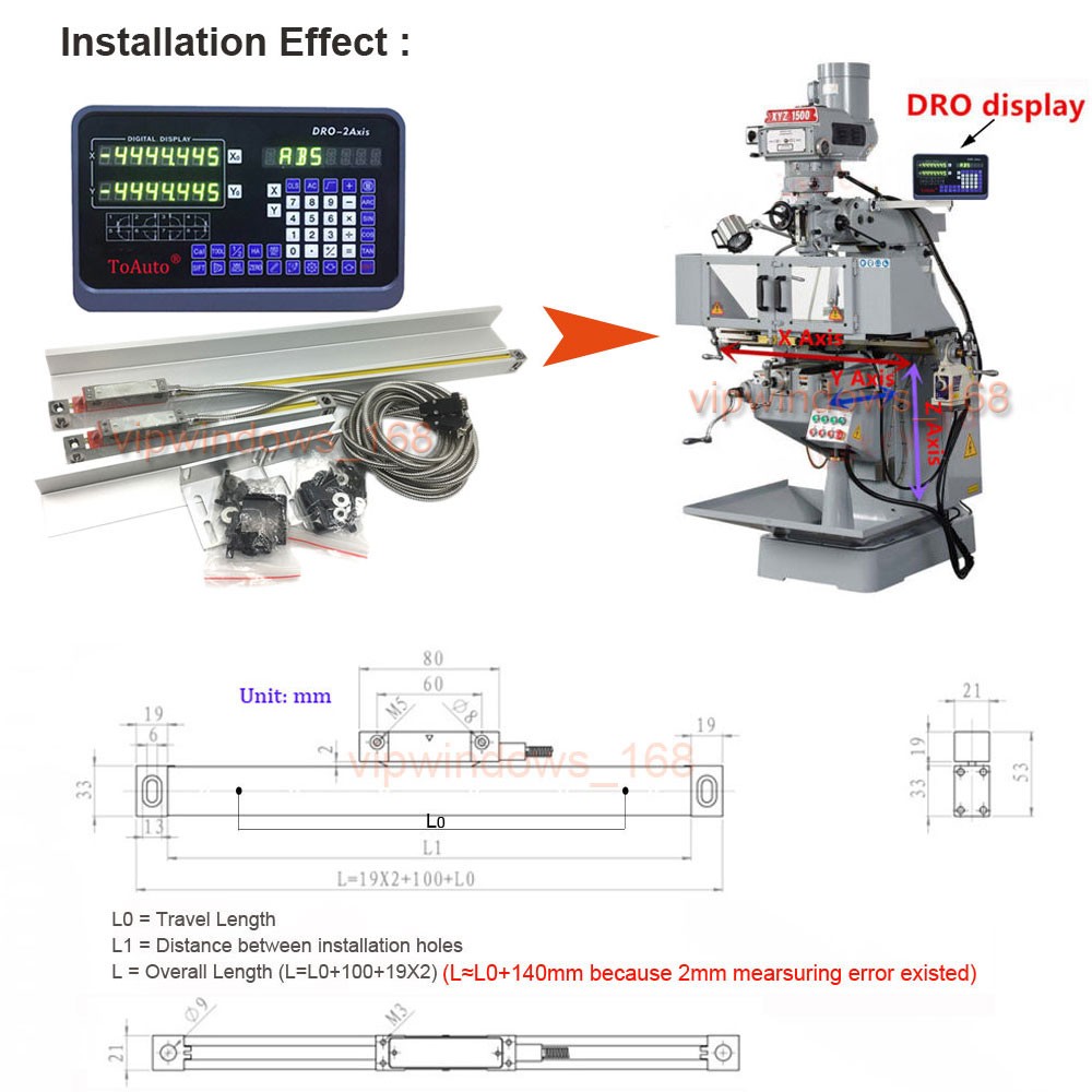 TOAUTO DRO 3 Axis Digital Readout Display+3pc Glass Linear Scale for Mill Lathe