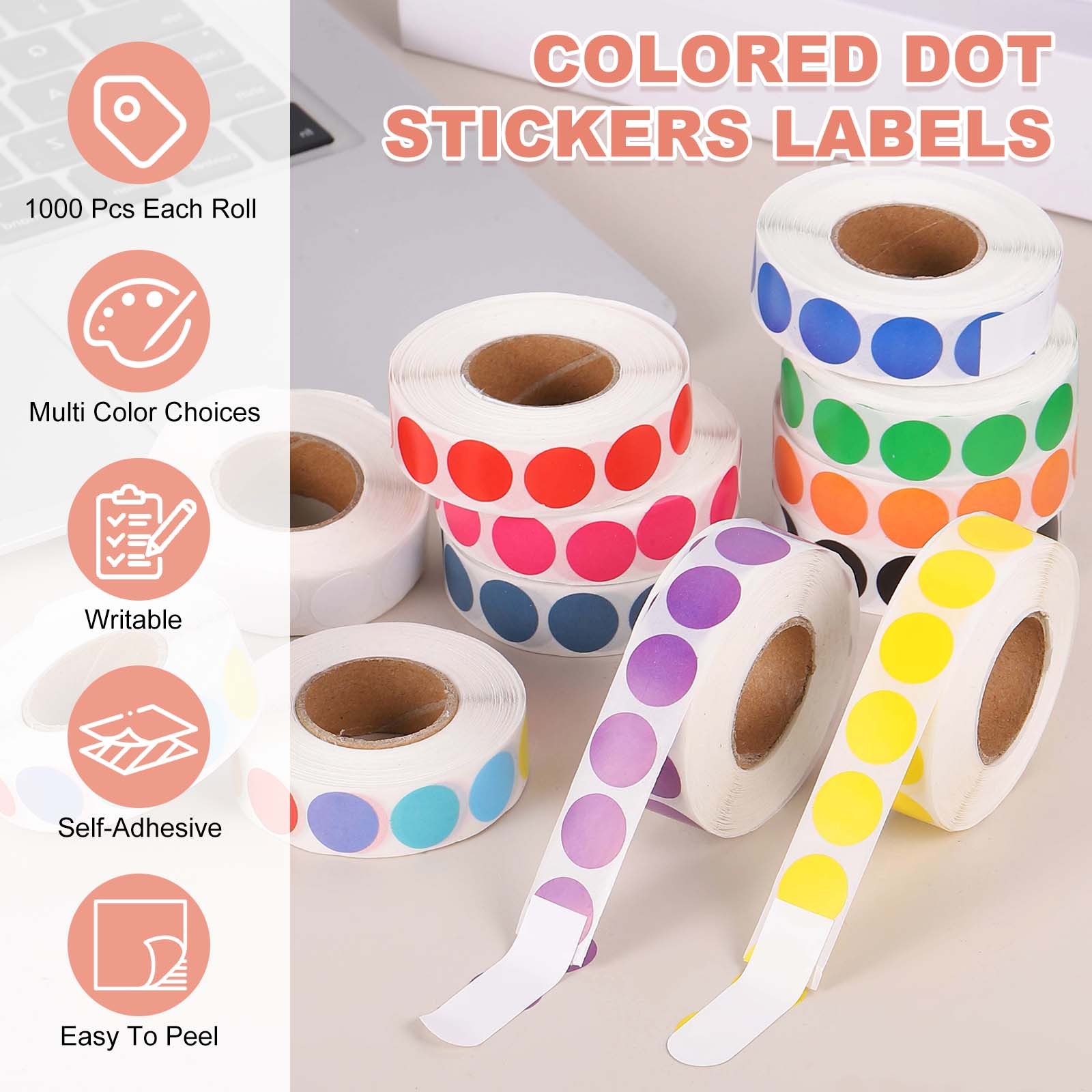 6000 Pcs 6 Roll 0.5 Inch Colored Dot Stickers Labels, Orange