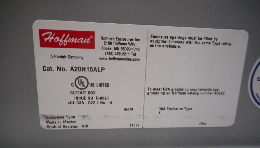 HOFFMAN WALL MOUNT ENCLOSURE A20N16ALP, STEEL, A1M, ENCLOSURE TYPE 1, IP30,