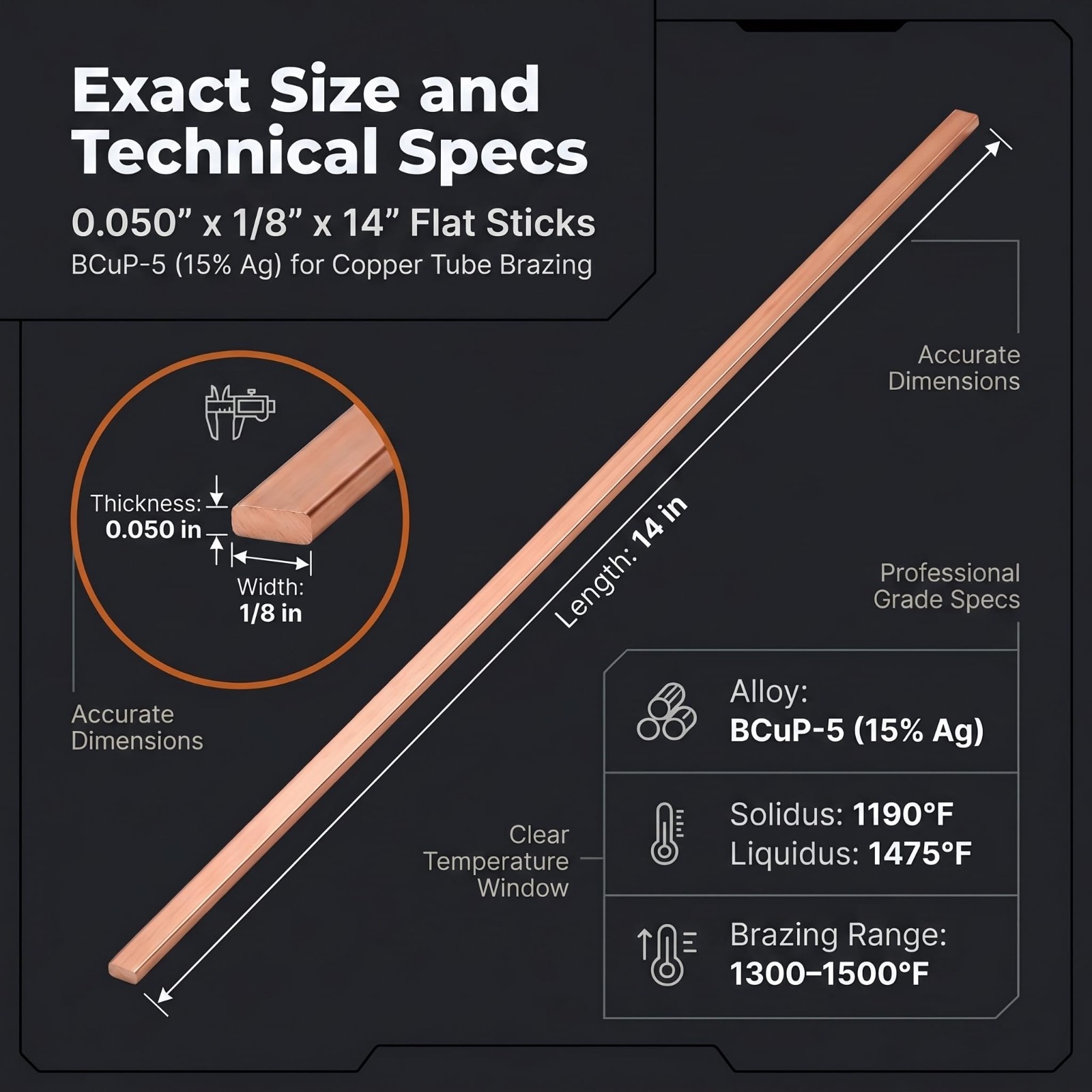 15% Silver Brazing Rods – 10 Flat Sticks 0.050″ x 1/8″ x 14″ for HVAC, AC, Refri