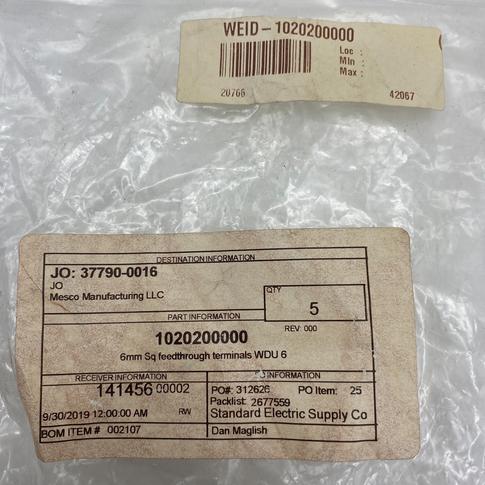 Weidmüller 1020200000 WDU6 6mm Sq Feedthrough Terminals – Lot of 5