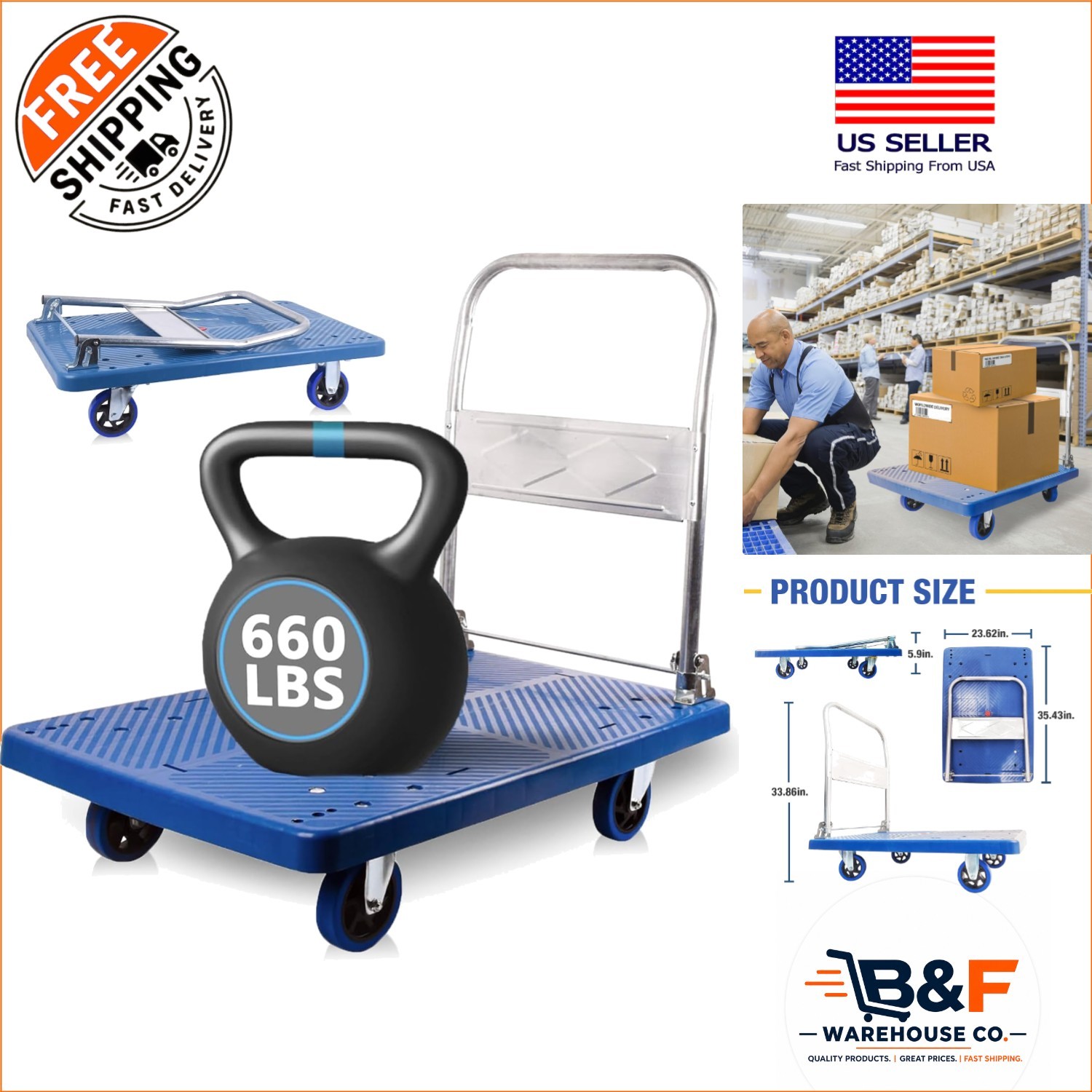 Heavy Duty Foldable Push Cart with 4 Swivel Wheels – Ideal for Home & Garden