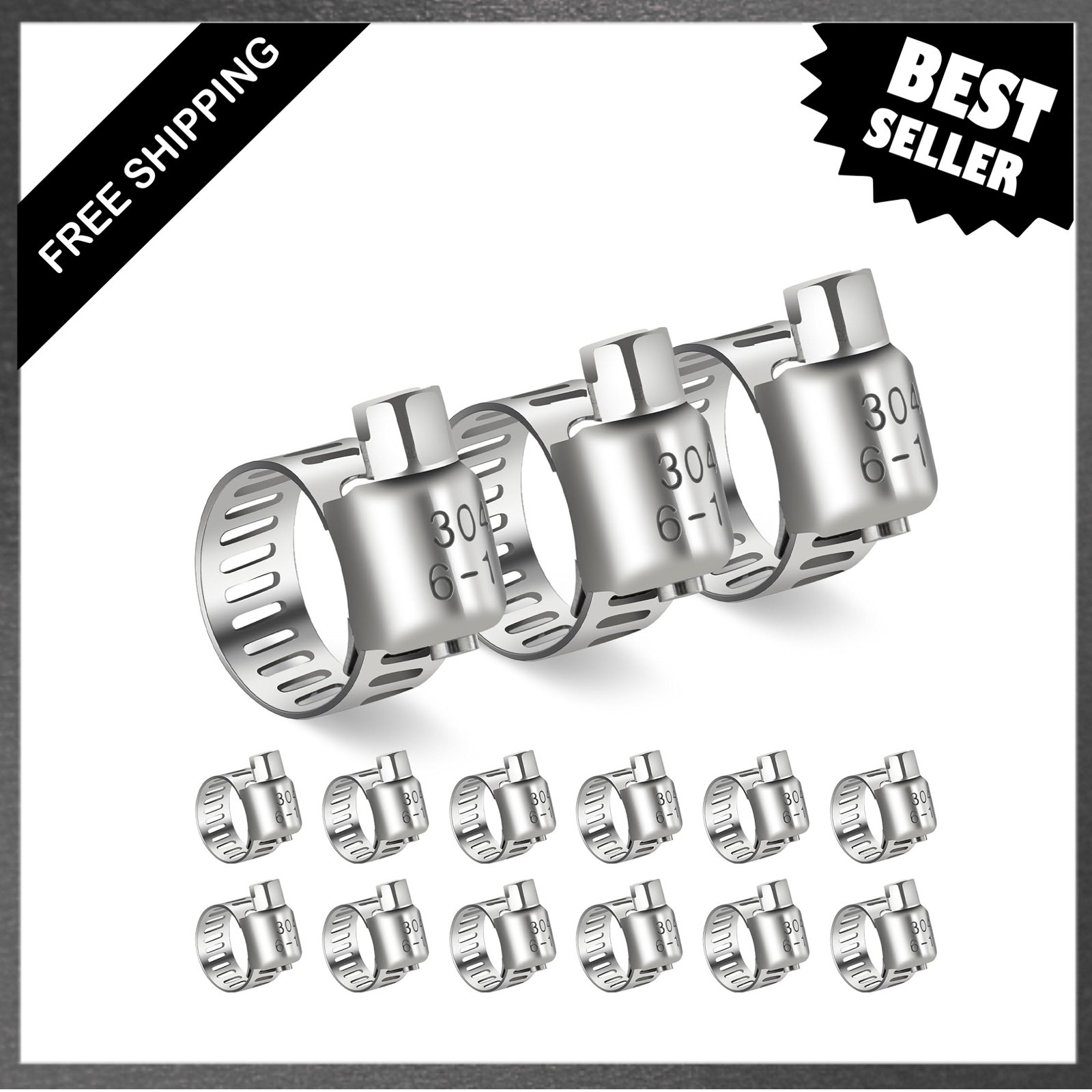 Hose Clamp Set, Stainless Steel, 15 Pieces, Adjustable 1/4 to 7/16 Inches