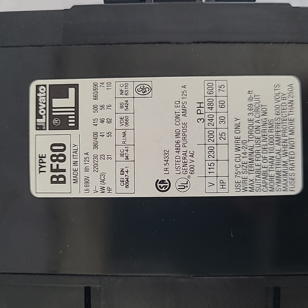 LOVATO BF80.00 BF80 120V 60Hz 110V 3P CONTACTOR -New Open Box-