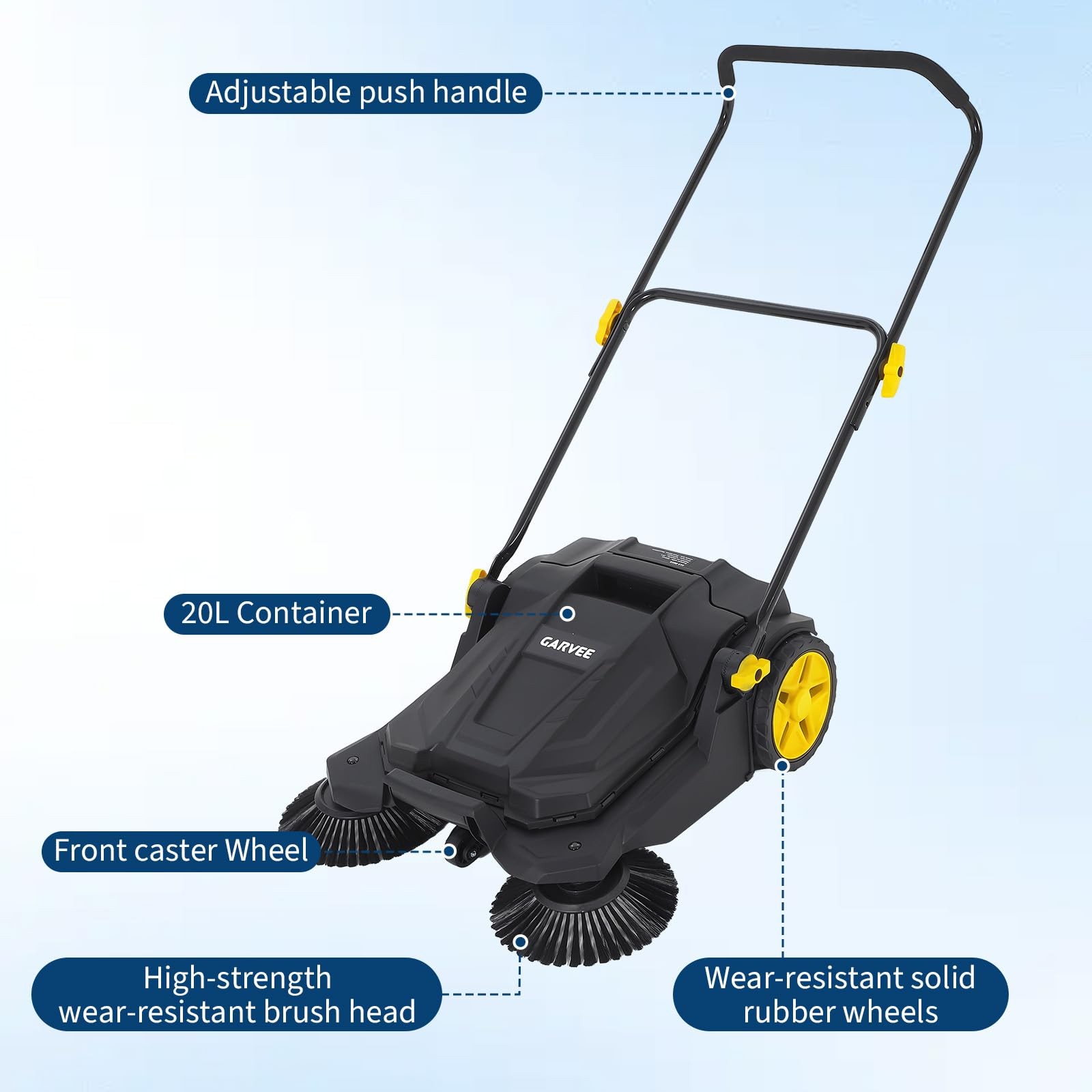 Garvee Walk Behind Hand Push Floor Sweeper 25.6″ Width 5 Gallon Waste Container