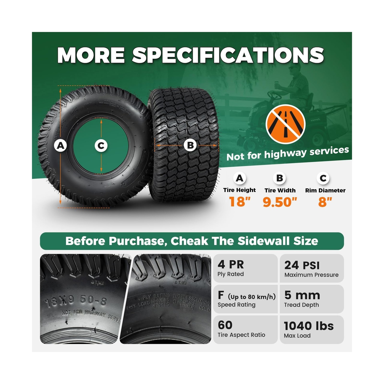 PROPARTS Set of 2 18×9.50-8 Lawn Mower Tires 4PR 18×9.5-8 Tractor Turf Golf C…