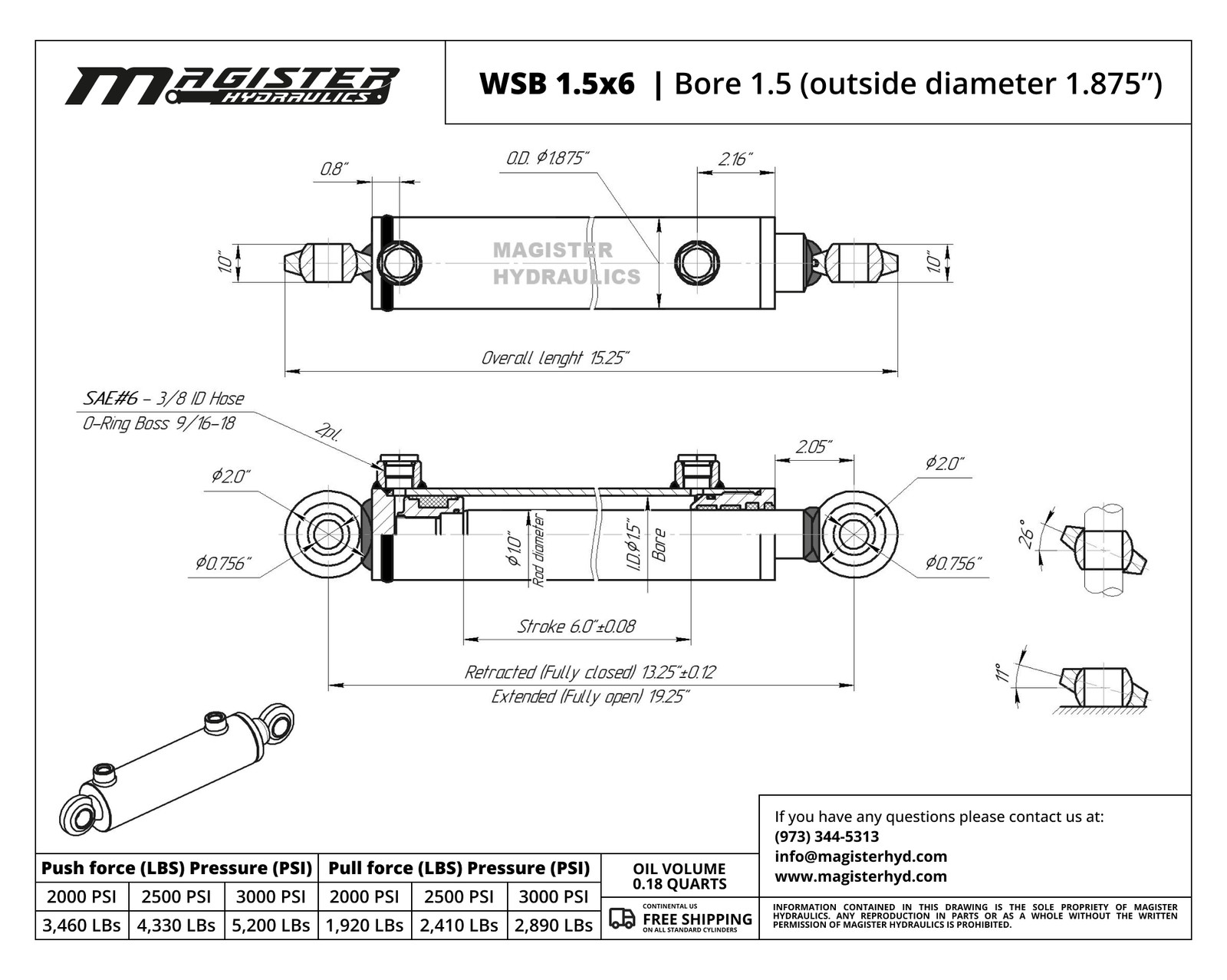 Hydraulic Cylinder Welded Double Acting 1.5″ Bore 6″ Stroke Swivel Ball/Eye