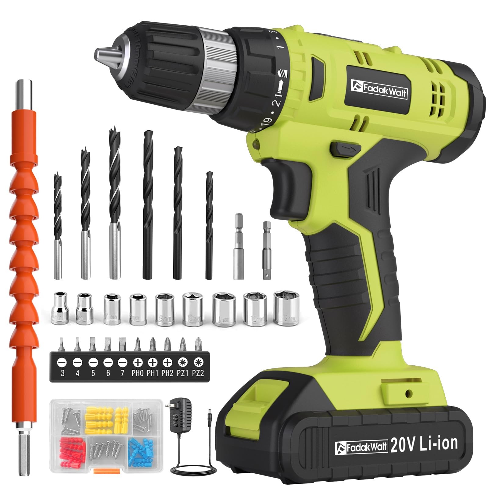 FADAKWALT Cordless Drill Set, 20V Electric Power Drill with Battery And Charger,