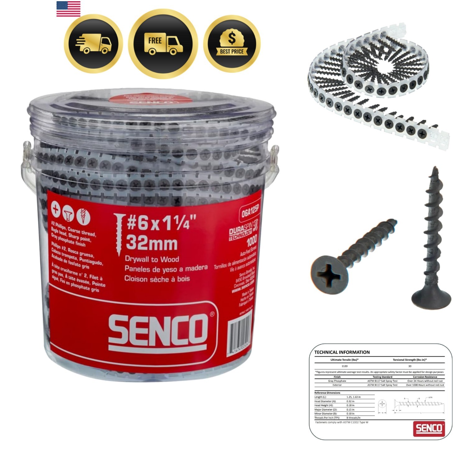 DuraSpin No. 6 x 1-1/4-Inch Collated Screw, 1 1/4 Drywall to Wood Screws 1,00…