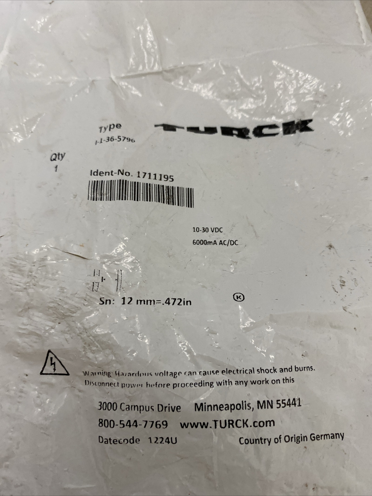 Turck Type I-1-36-5796 | Proximity Switch Ident-No T1711195 | 10-30 VDC 500mA
