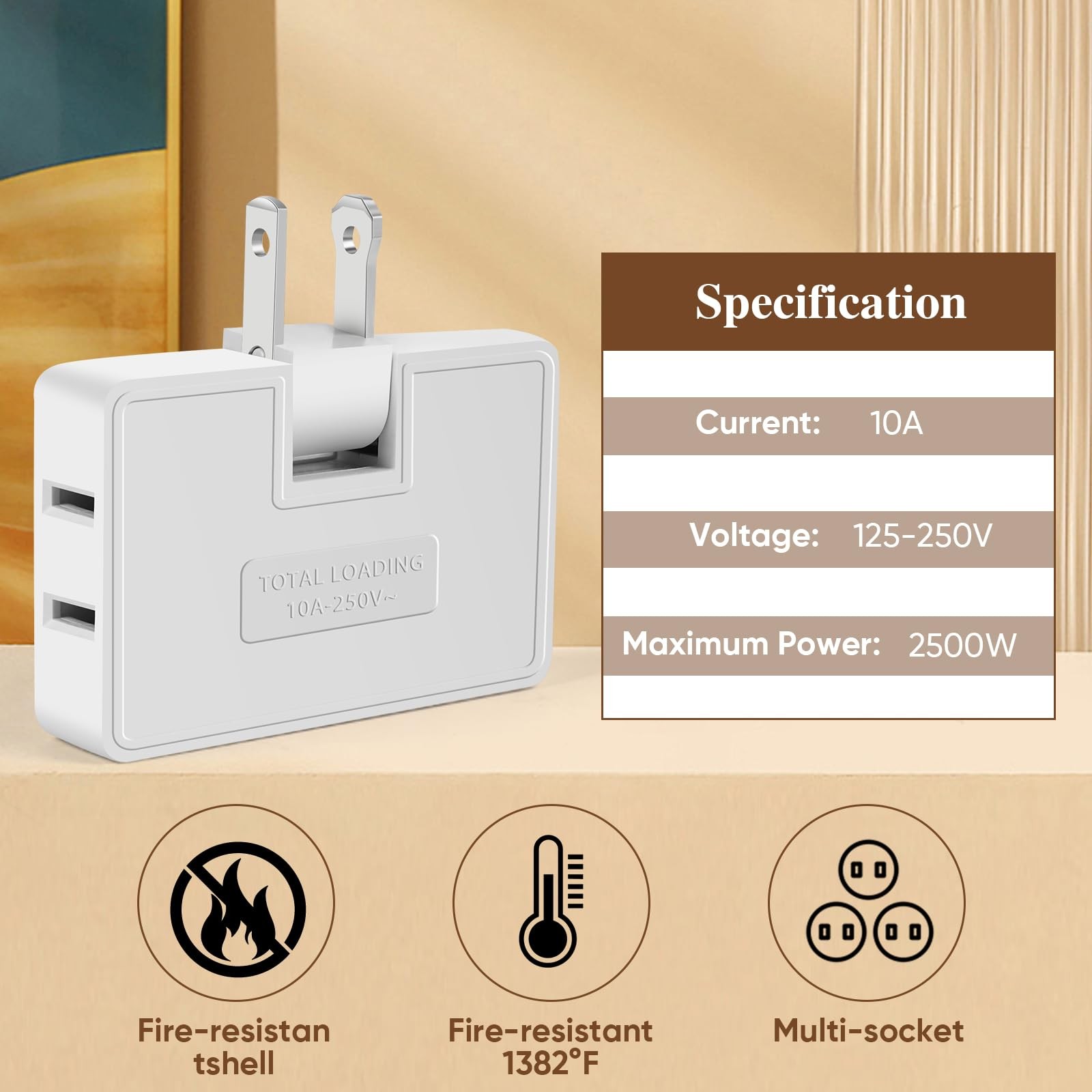 3 Way Flat Wall Outlet Extender Adapter- 2 Pack 180 Degrees White 2