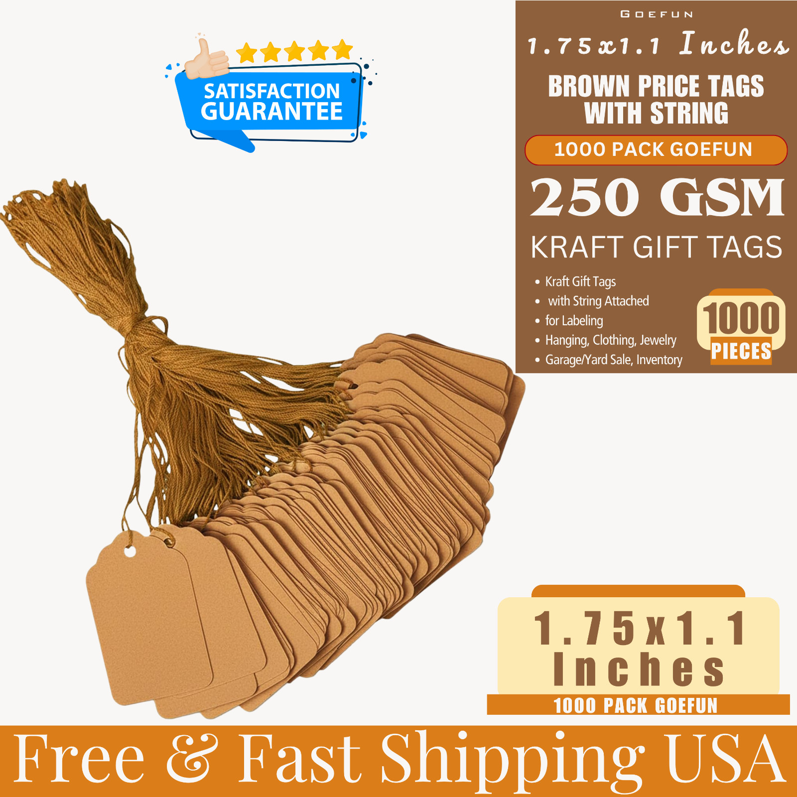 1000 Pack Brown Price Tags with String 1.75×1.1 Kraft Paper Jewelry Gift Tags