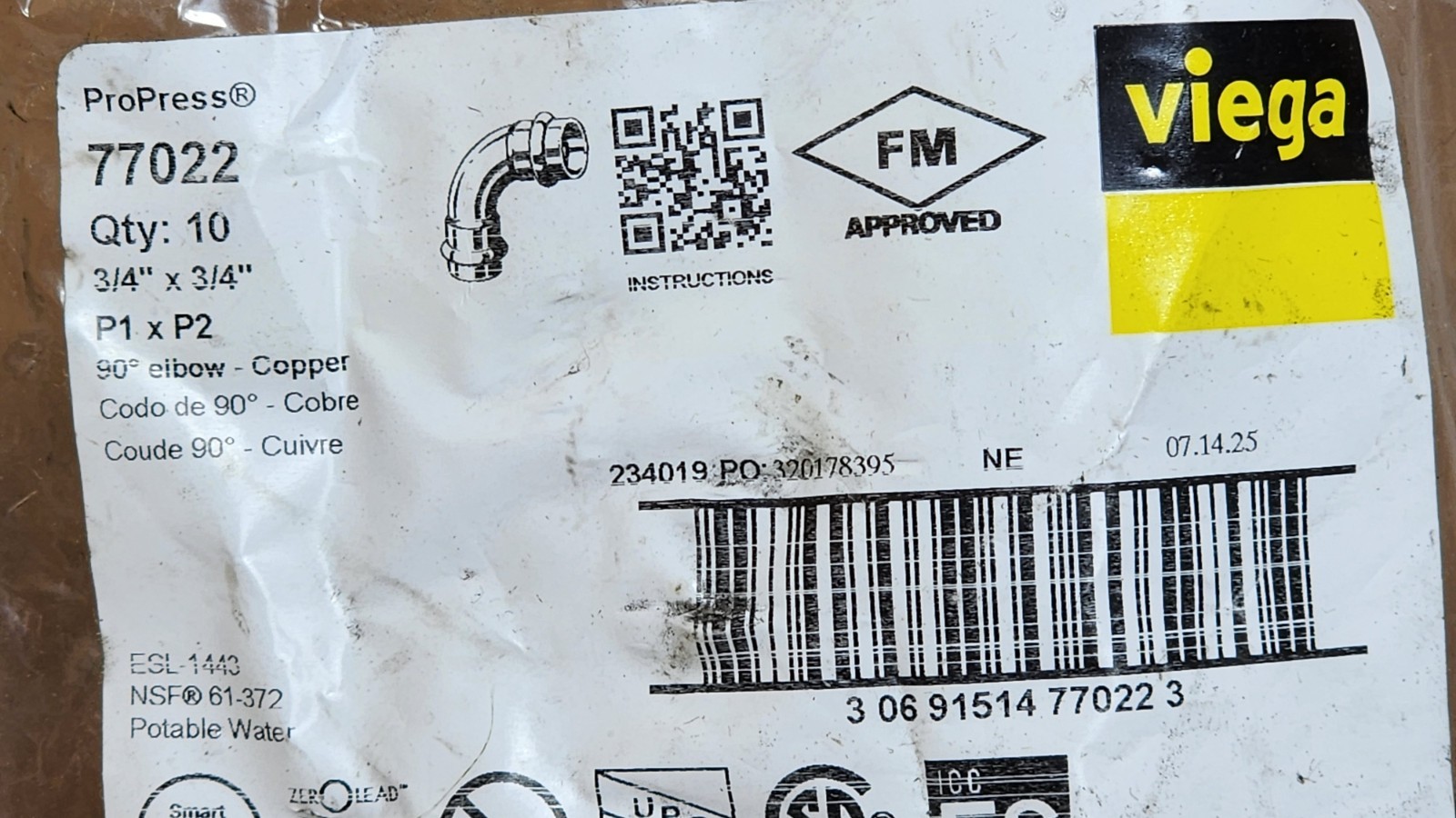 Viega 77022 ProPress 3/4″ x 3/4″ 90° Copper Elbow (Bag of 10)