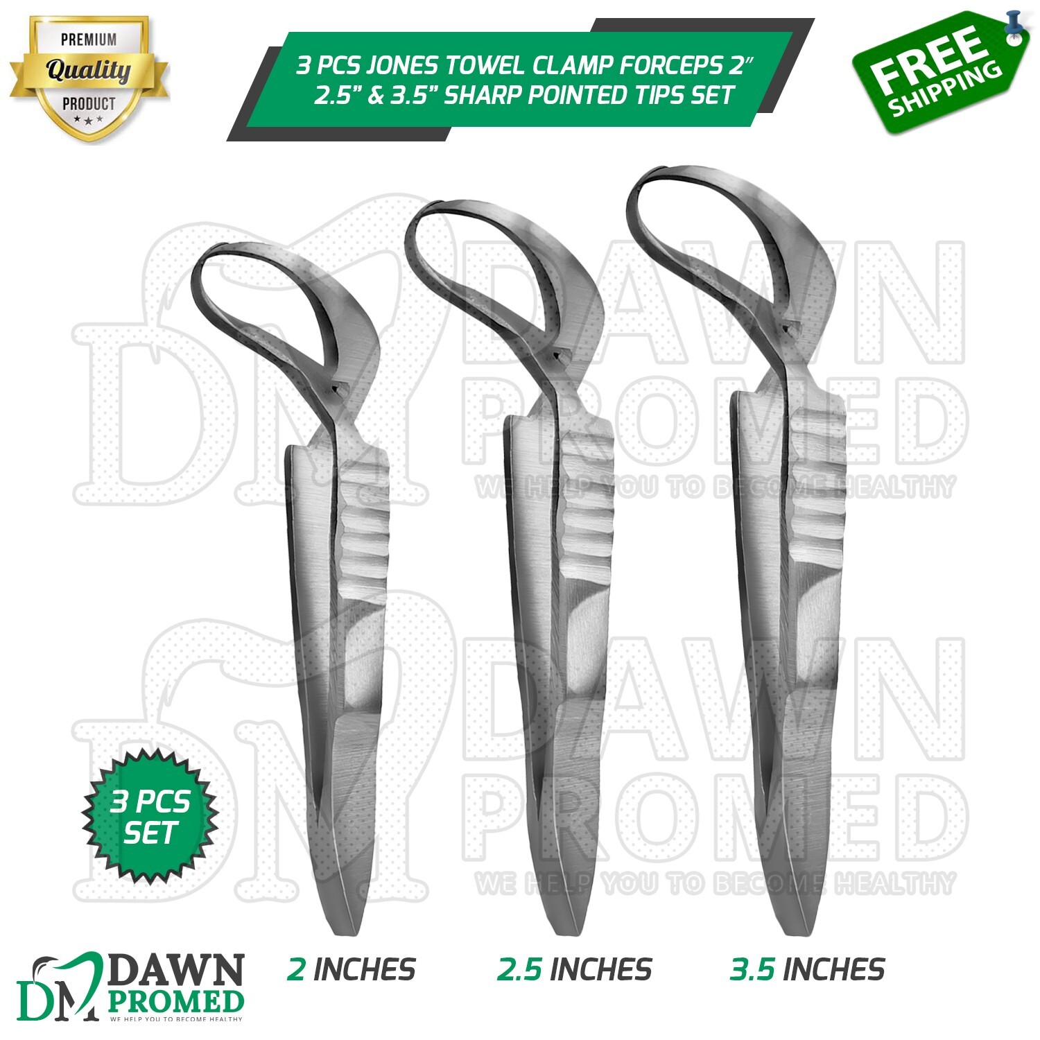 3 Pcs Jones Towel Clamp Forceps 2″ 2.5″ & 3.5″ Sharp Pointed Tips Veterinary Set